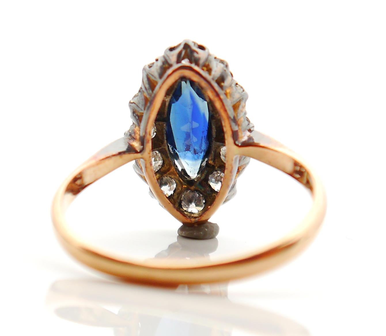 1917 Halo Ring Natural 1ct Sapphire Diamonds solid 18K Gold Silver ØUS6 / 2.4gr For Sale 4