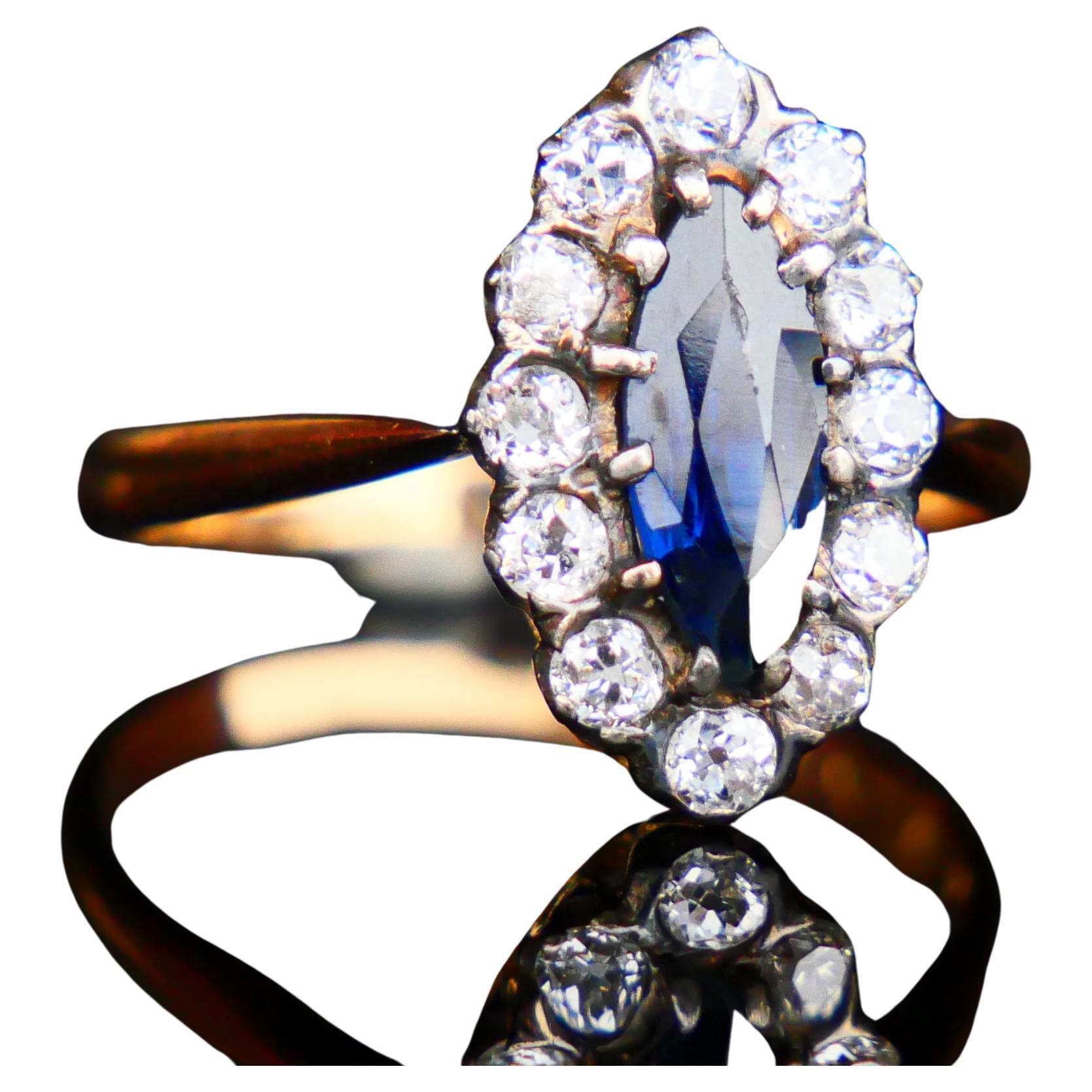 1917 Halo Ring Natural 1ct Sapphire Diamonds solid 18K Gold Silver ØUS6 / 2.4gr