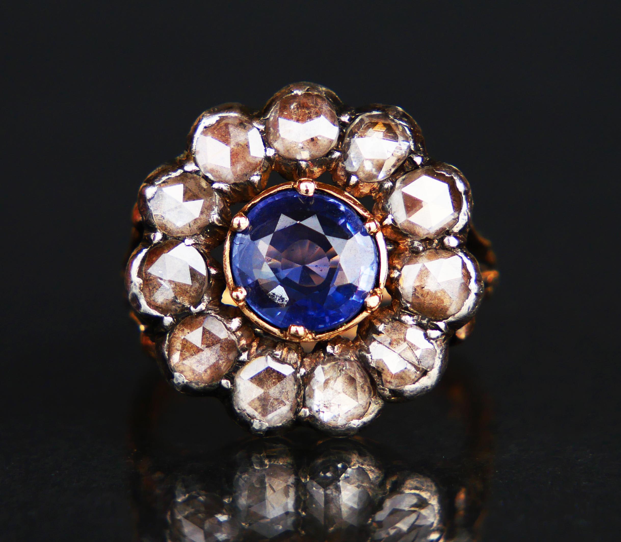 Modernist 1917 Ring 2ct natural Sapphire 2.2 ctw Diamonds solid 18K Gold Silver Ø5US/6.7gr For Sale