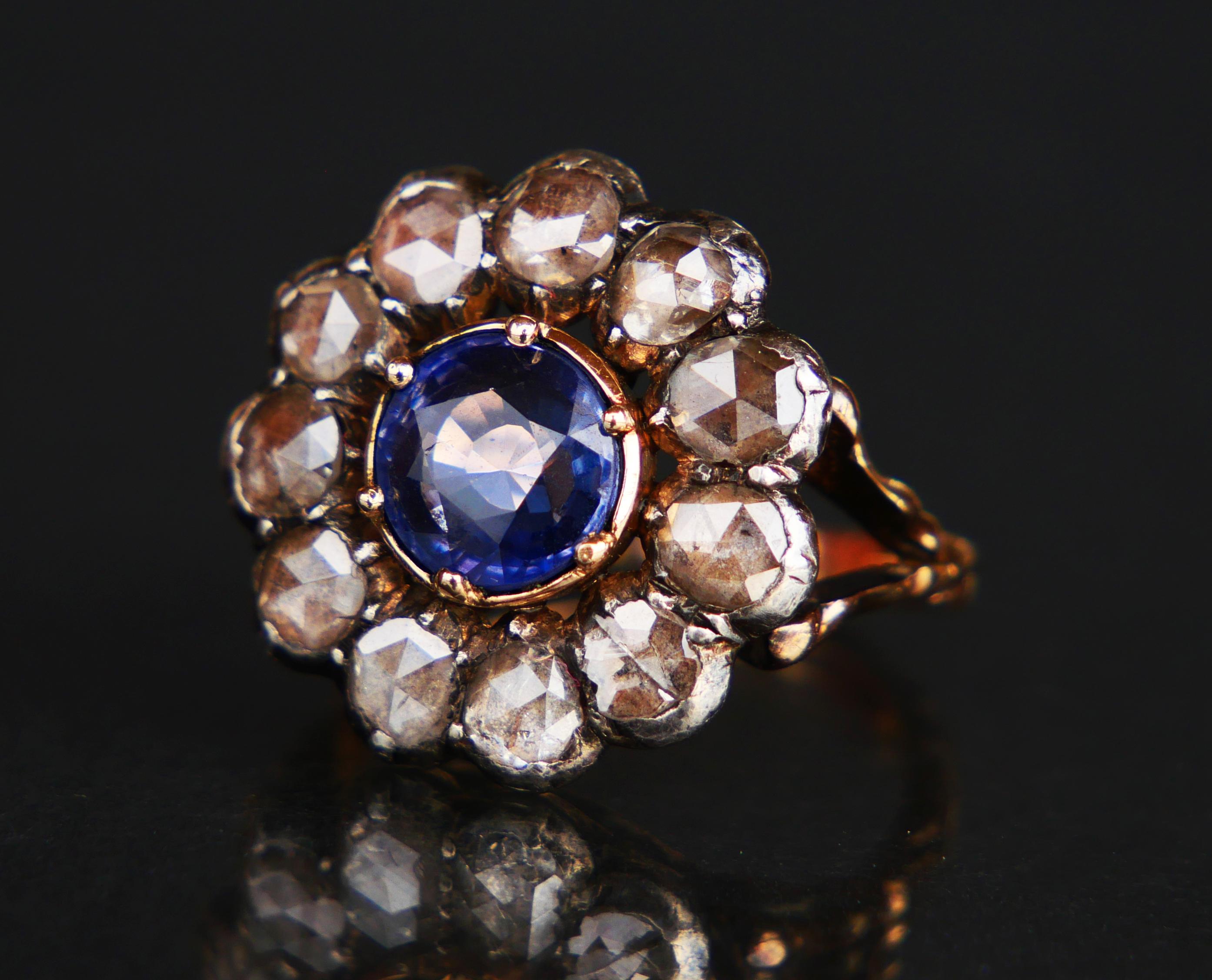 Old European Cut 1917 Ring 2ct natural Sapphire 2.2 ctw Diamonds solid 18K Gold Silver Ø5US/6.7gr For Sale