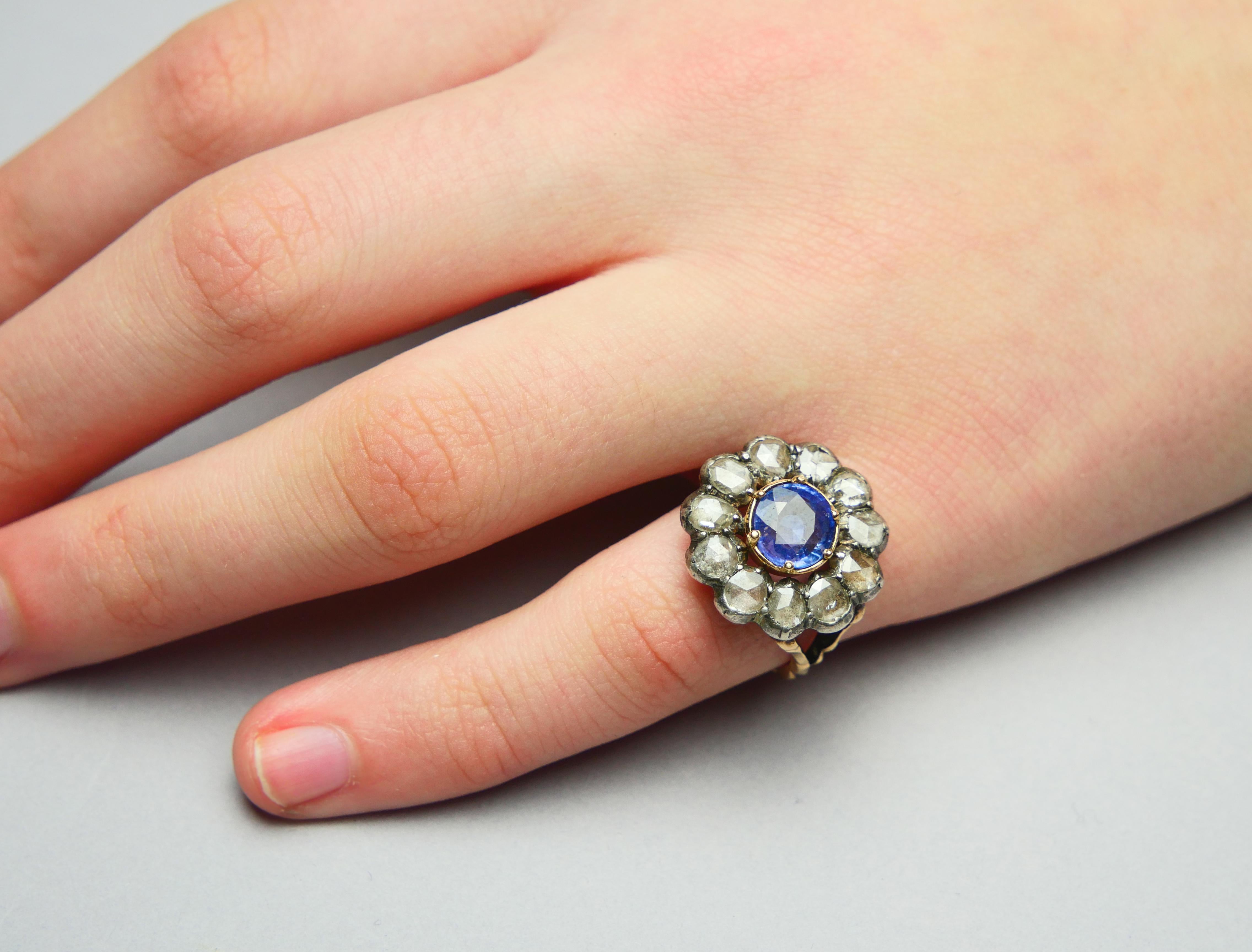 1917 Ring 2ct natural Sapphire 2.2 ctw Diamonds solid 18K Gold Silver Ø5US/6.7gr For Sale 1