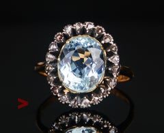 Bague de 1917 avec aigue-marine naturelle de 2,3 ct et diamants, en or massif 18 carats et argent, Ø US 5,25 / 2,9 g