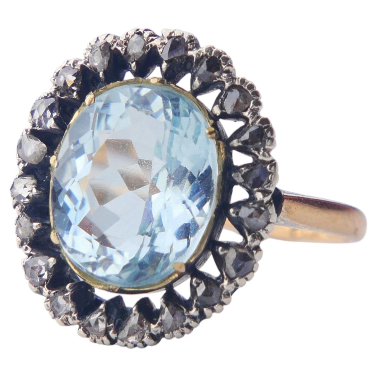 1917 Ring natural 2.3ct Aquamarine Diamonds solid 18K Gold Silver ØUS5.25/ 2.9gr