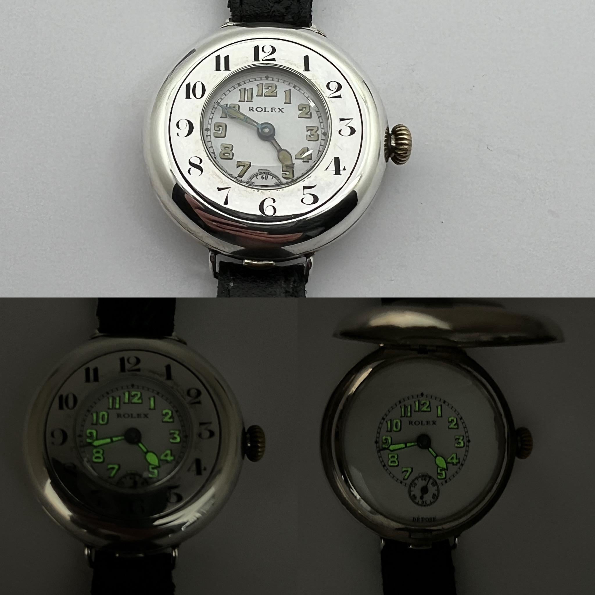 1917 Rolex WW1/Trench Watch, Rare Half Hunter, Stunning Dial In Excellent Condition For Sale In Raleigh, NC
