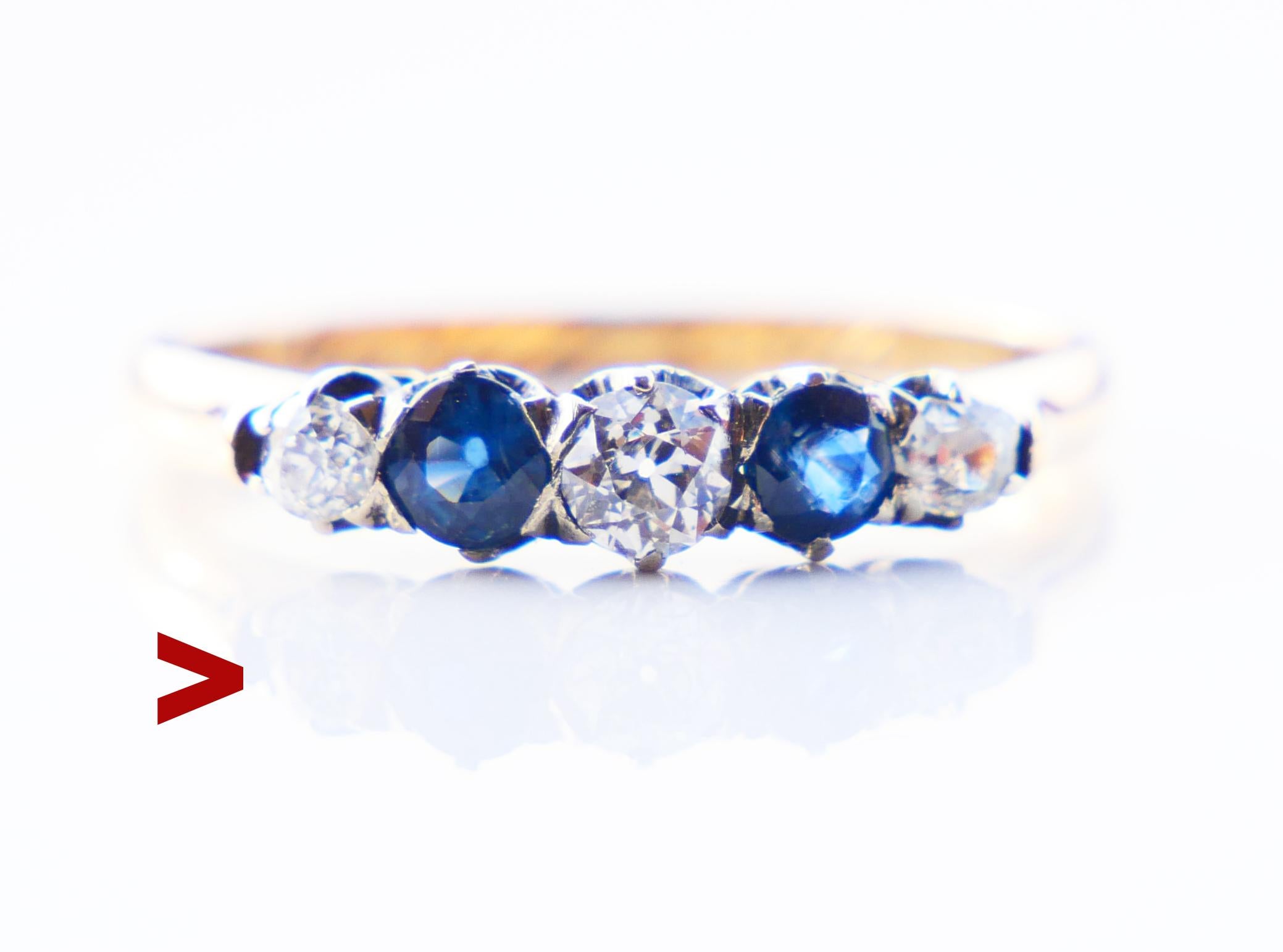 Ring in solid 18K Yellow Gold with the top of the crown in White Gold decorated with a row of natural Diamonds and Blue Sapphire. 

Swedish hallmarks, 18K( Yellow Gold), maker's, Stockholm, date code P7 / hand-made in 1917.

Engraved with the name
