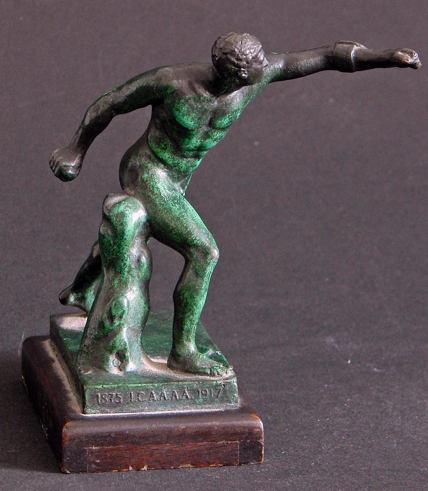This extraordinarily rare -- perhaps unique -- bronze trophy was cast by America's premier art bronze foundry, the Roman Bronze Works in New York City, for the Intercollegiate Association of Amateur Athletes of America, later known as the IC4A, in