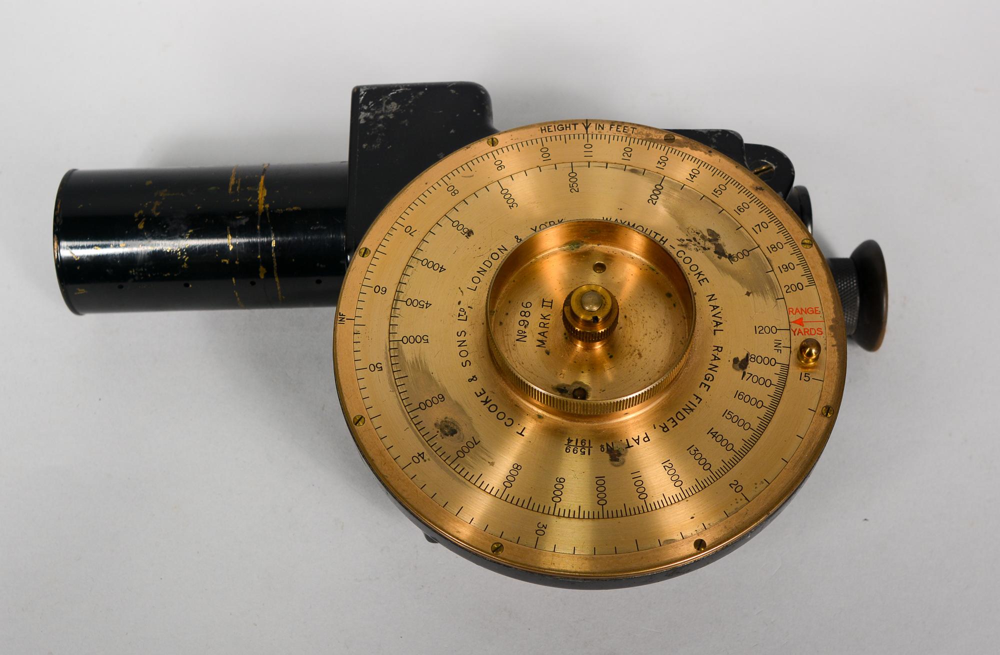 Naval range finder made by Waymouth-Cooke of London. These were based on the principals of a sextant range finder. They were patented in 1914. The Mark II like this one came out in 1917. The dimensions listed are for the case. This has two small