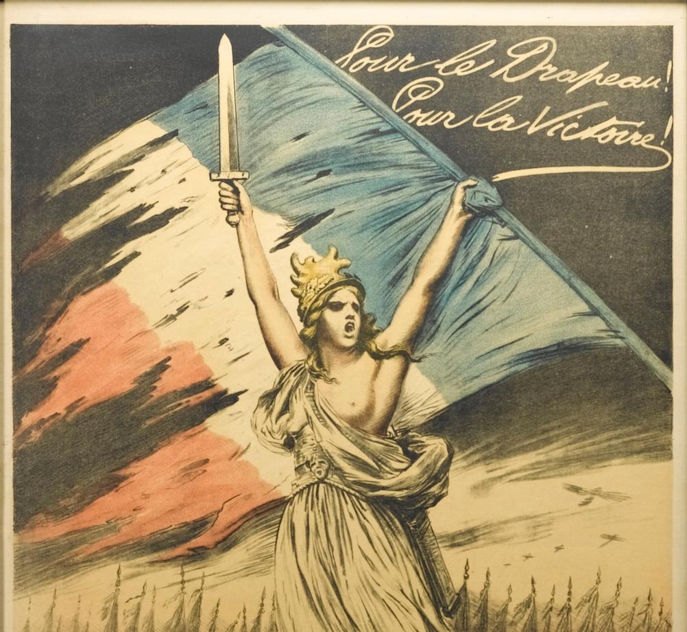This is a 1917 vintage WWI French lithographic poster by artist Georges Scott. The poster depicts Marianne, the female personification of the Republic, leading French troops into battle. In flowing robes, Marianne raises a sword over her head with