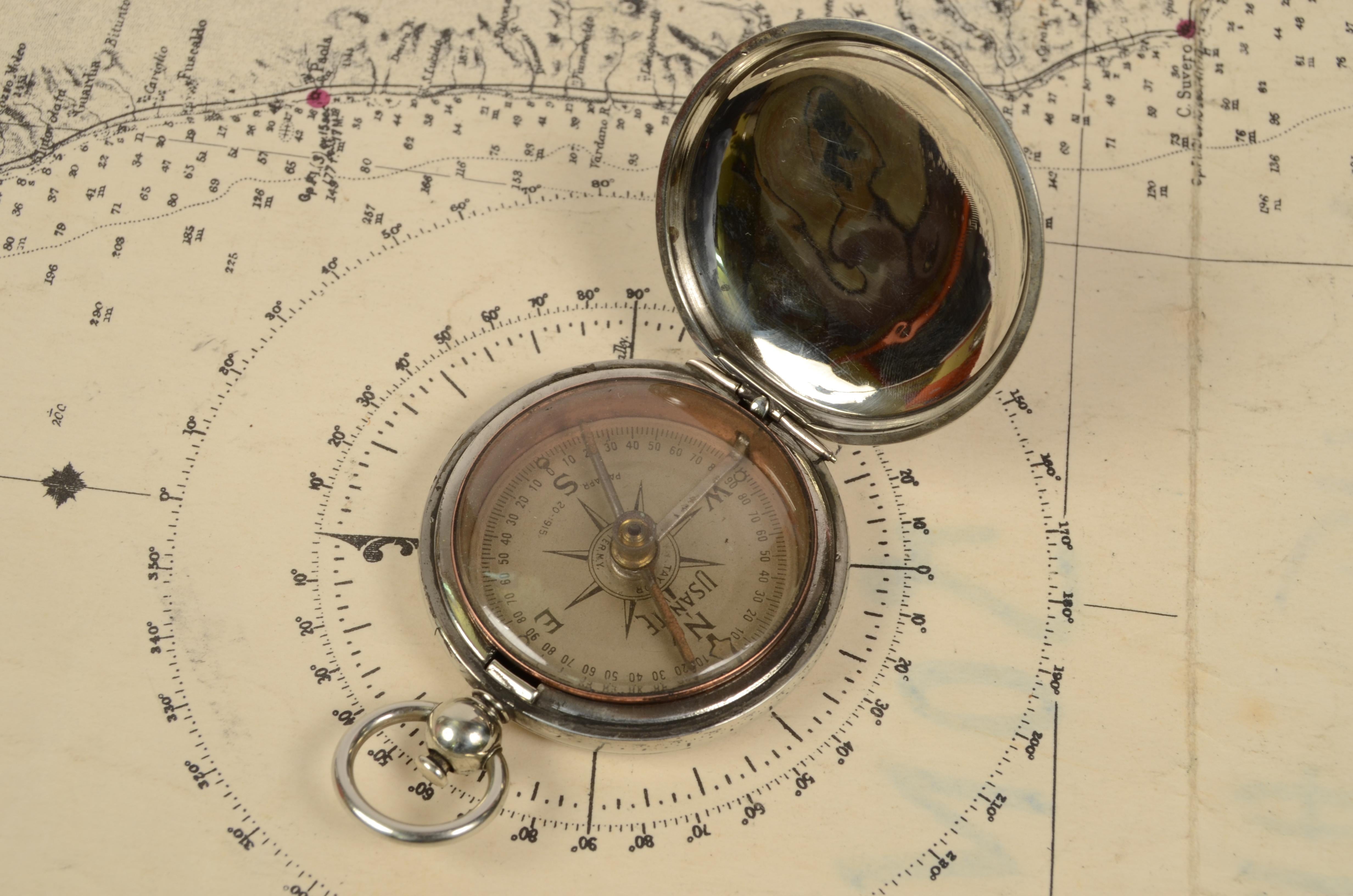 British 1917s Small Pocket Chromed Compass Antique Scientific Instrument of Measurement