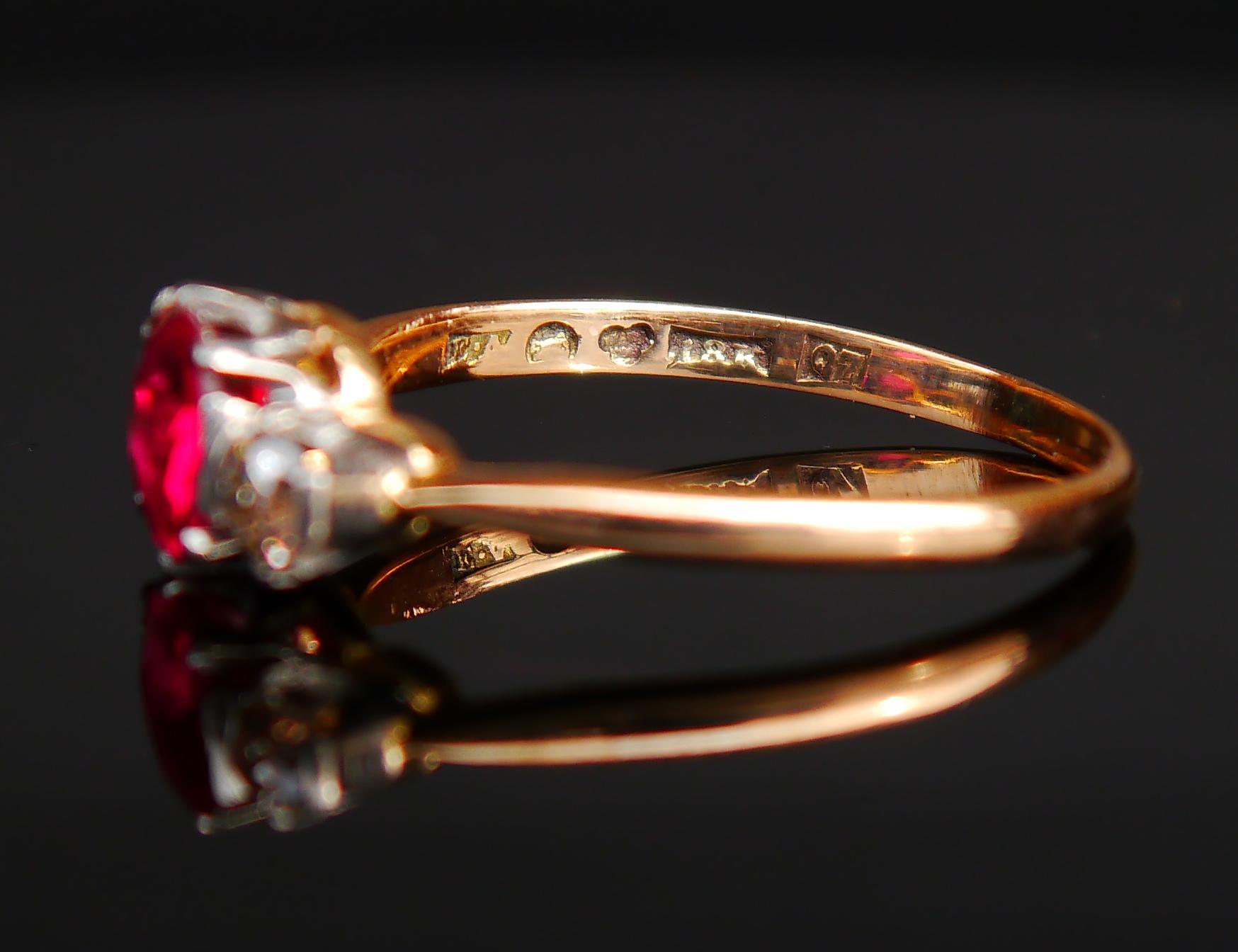 1918 Antiker 3 Steine Ring Rubin Diamanten 18K Gold Platin Ø US 8.75 / 3.1gr im Angebot 6