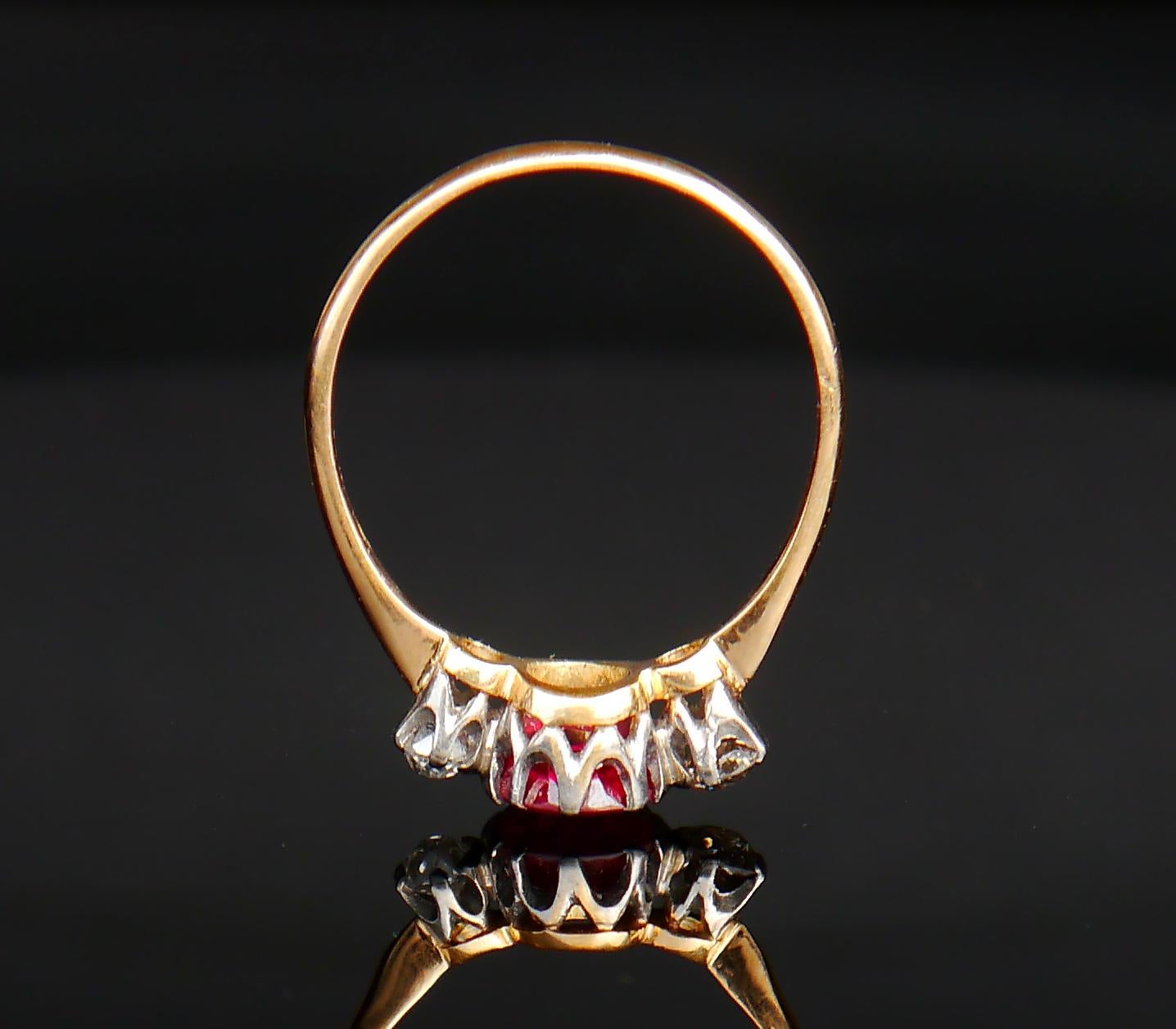 Old European Cut 1918 Antique 3 stones Ring Ruby Diamonds 18K Gold Platinum Ø US 8.75 / 3.1gr For Sale