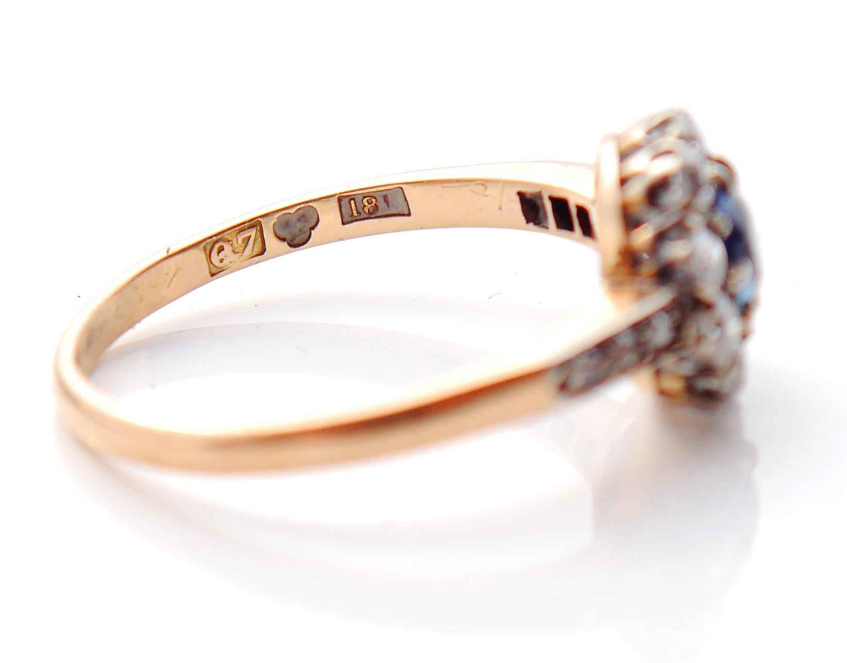 1918 Antique Halo Ring solid 18KGold 0.66ct Sapphire 0.7ct Diamonds Ø6US/2.4gr  For Sale 6