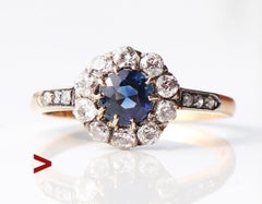 1918 Antique Halo Ring solid 18KGold 0.9ct Sapphire 0.8ct Diamonds Ø 6US/ 2.4gr