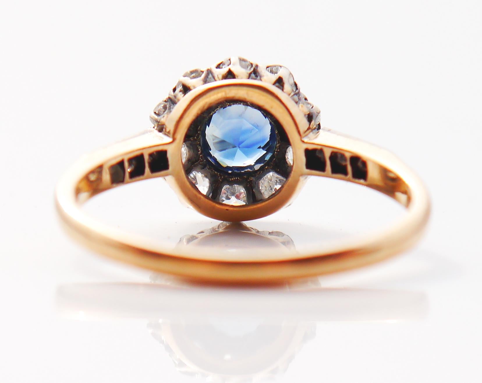 Art Deco 1918 Antique Halo Ring solid 18KGold 0.66ct Sapphire 0.7ct Diamonds Ø6US/2.4gr  For Sale