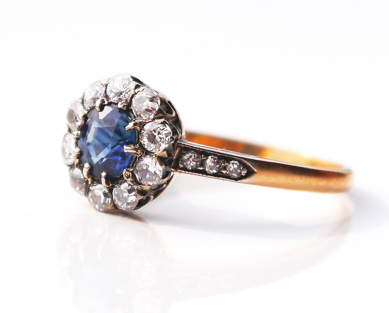Old European Cut 1918 Antique Halo Ring solid 18KGold 0.66ct Sapphire 0.7ct Diamonds Ø6US/2.4gr  For Sale