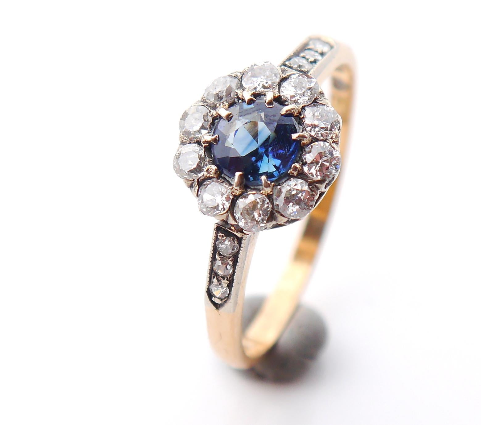 Women's 1918 Antique Halo Ring solid 18KGold 0.66ct Sapphire 0.7ct Diamonds Ø6US/2.4gr  For Sale