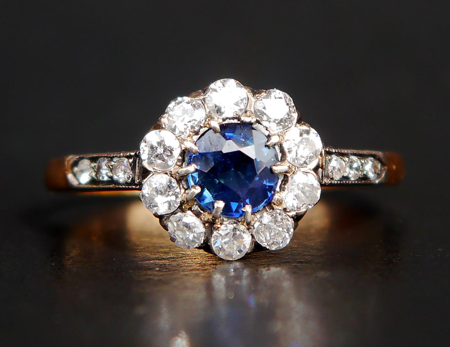 1918 Antique Halo Ring solid 18KGold 0.9ct Sapphire 0.8ct Diamonds Ø 6US/ 2.4gr For Sale 3