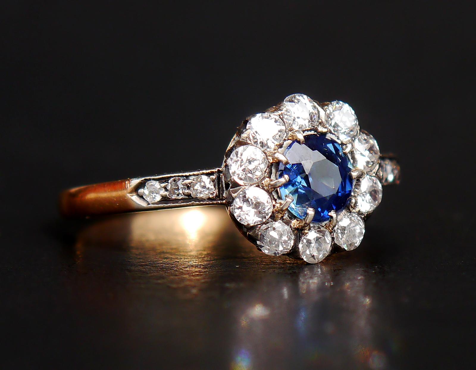 1918 Antique Halo Ring solid 18KGold 0.66ct Sapphire 0.7ct Diamonds Ø6US/2.4gr  For Sale 4