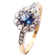 1918 Antique Halo Ring solid 18KGold 0.66ct Sapphire 0.7ct Diamonds Ø6US/2.4gr 