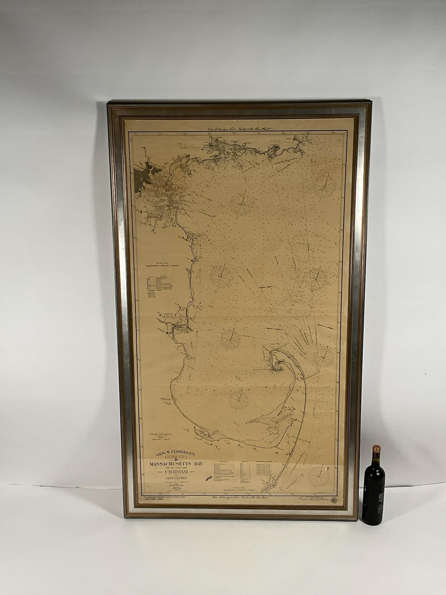 Seltene Karte der Bucht von Cape Cod aus dem frühen zwanzigsten Jahrhundert von George Eldridge, die die Bucht von Massachusetts und die Küste von Chatham bis Gloucester 1918 zeigt. Unterzeichnet George Eldridge.

Diese großartige Karte zeigt