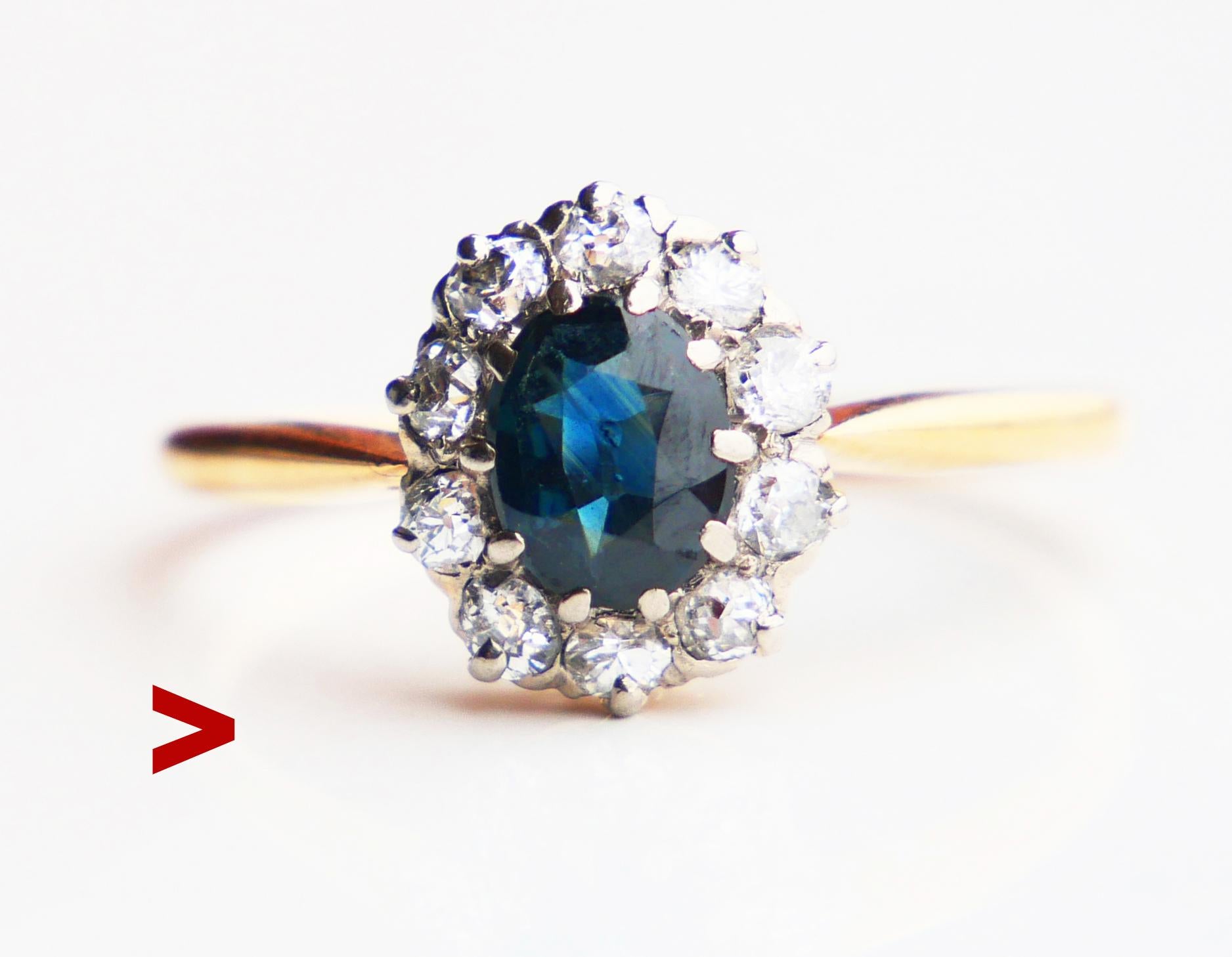 Beautiful more than century old Halo Ring in solid 18K Yellow Gold with natural Blue Sapphire and 10 Diamonds in White Gold settings.

Natural Sapphire of old European oval cut , color is medium Blue with a slight tint of Green, demonstrates