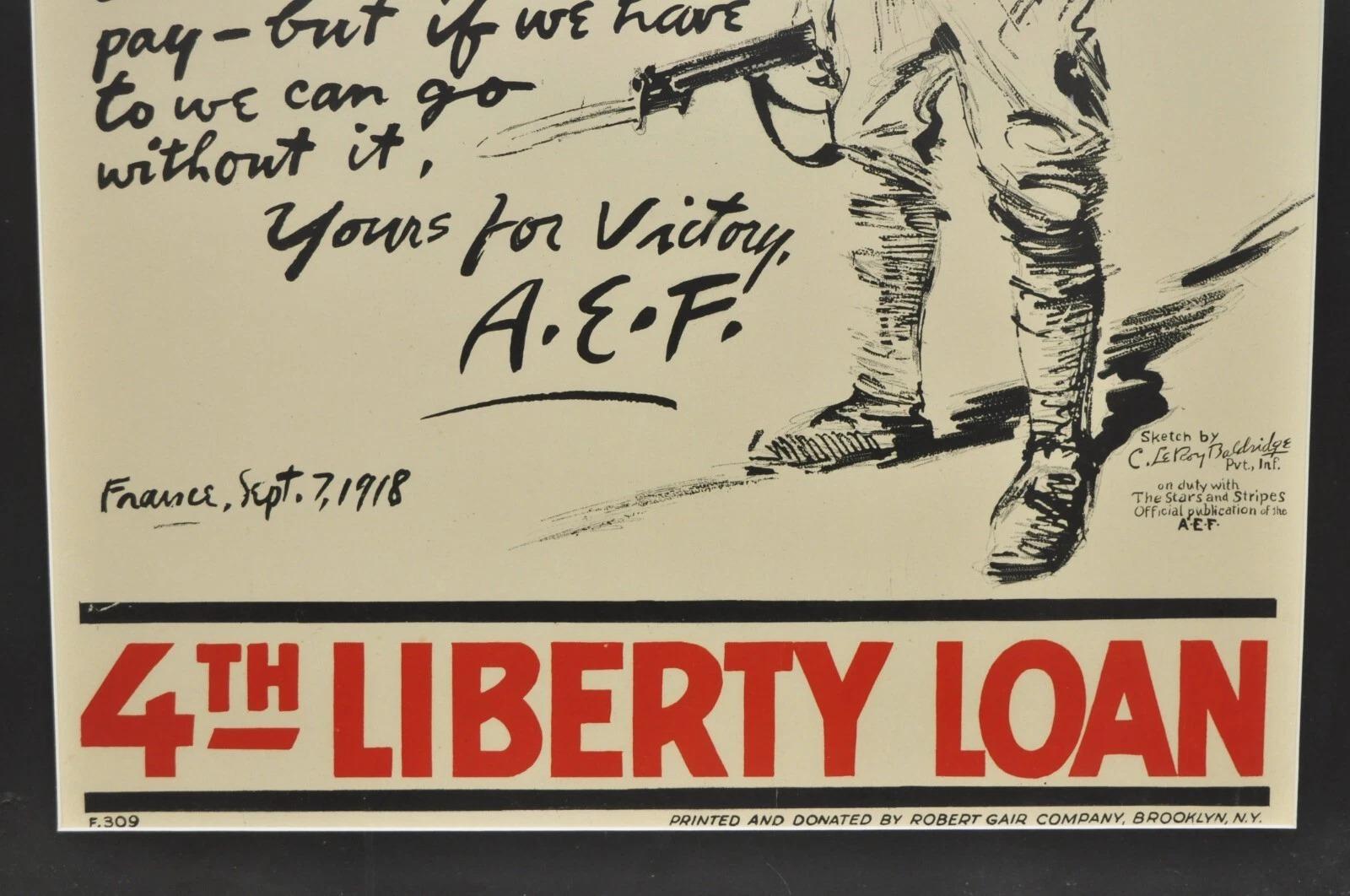 1918 Prima Guerra Mondiale L'A.E.F. Al Presidente 4° Prestito della Libertà Poster incorniciato In condizioni buone in vendita a Philadelphia, PA