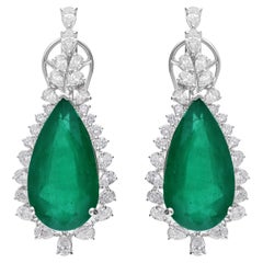 19.19 Carat Zambian Emerald 2.33 Carat SI/H Diamond Earrings 18 Karat White Gold