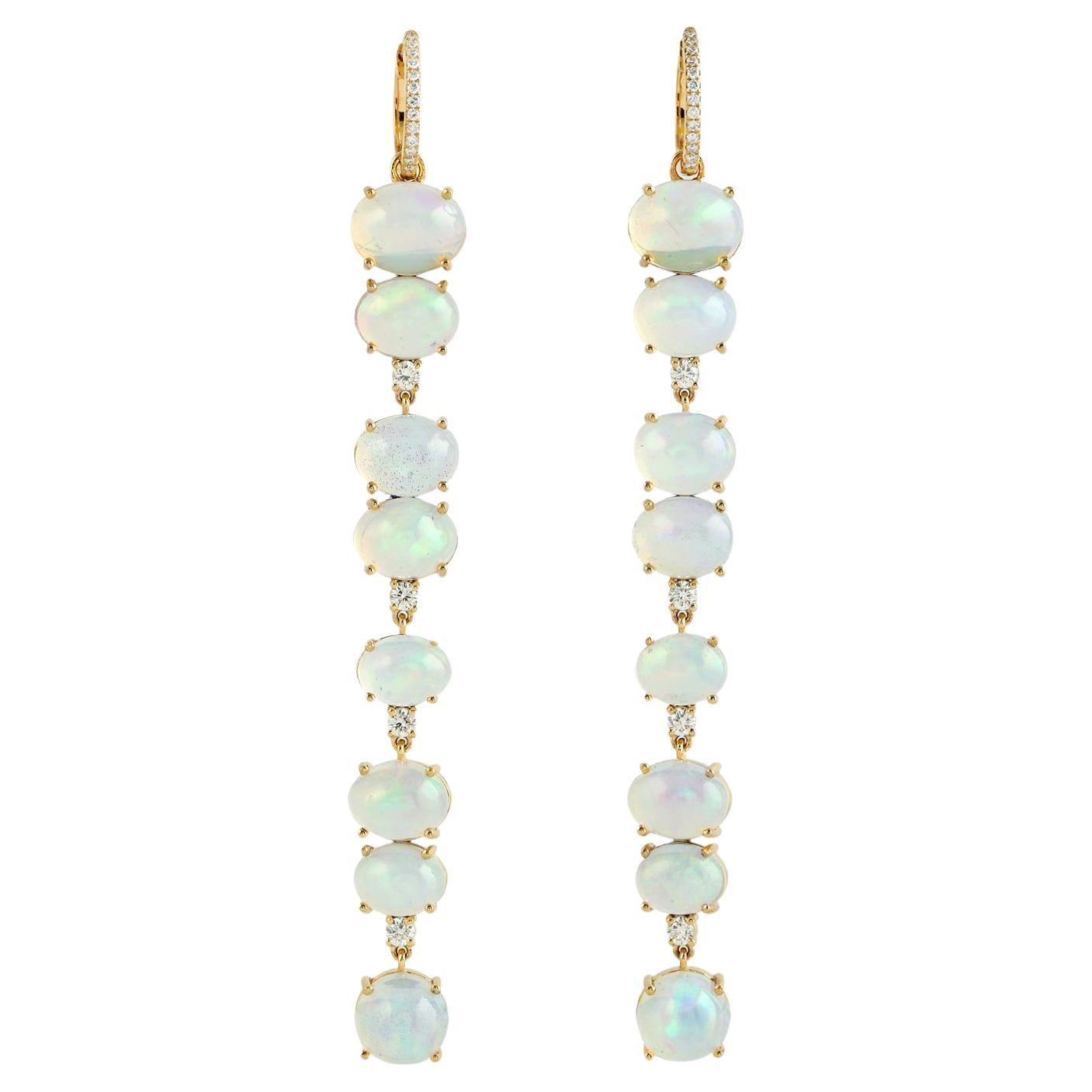 19.19 ct Ethiopian Opal Dangle Earrings With Diamonds Made In 18K Yellow Gold For Sale