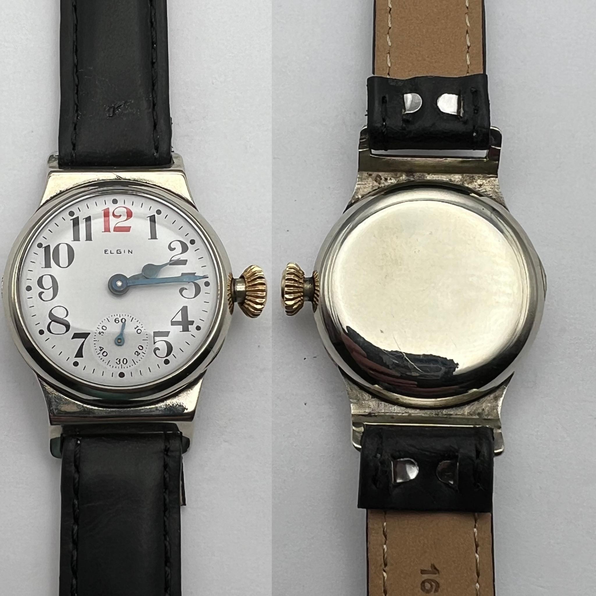 1919 Elgin Hermetic Trench Watch. Bold Red 12, with a “Solid Nickel Case