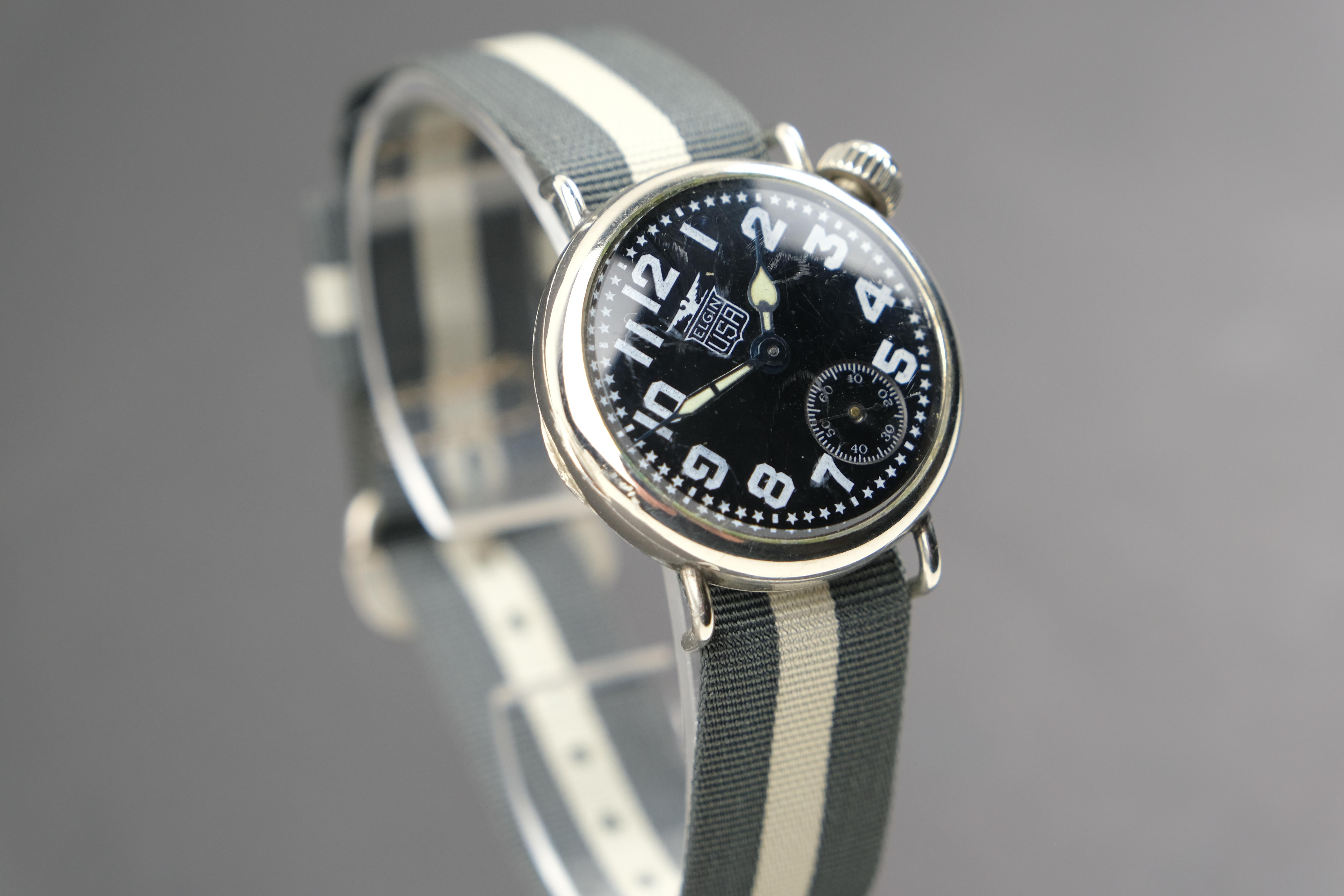 1919 Elgin Pershing Dial with Military Nickel Pilots Watch In Good Condition In Bradford, Ontario