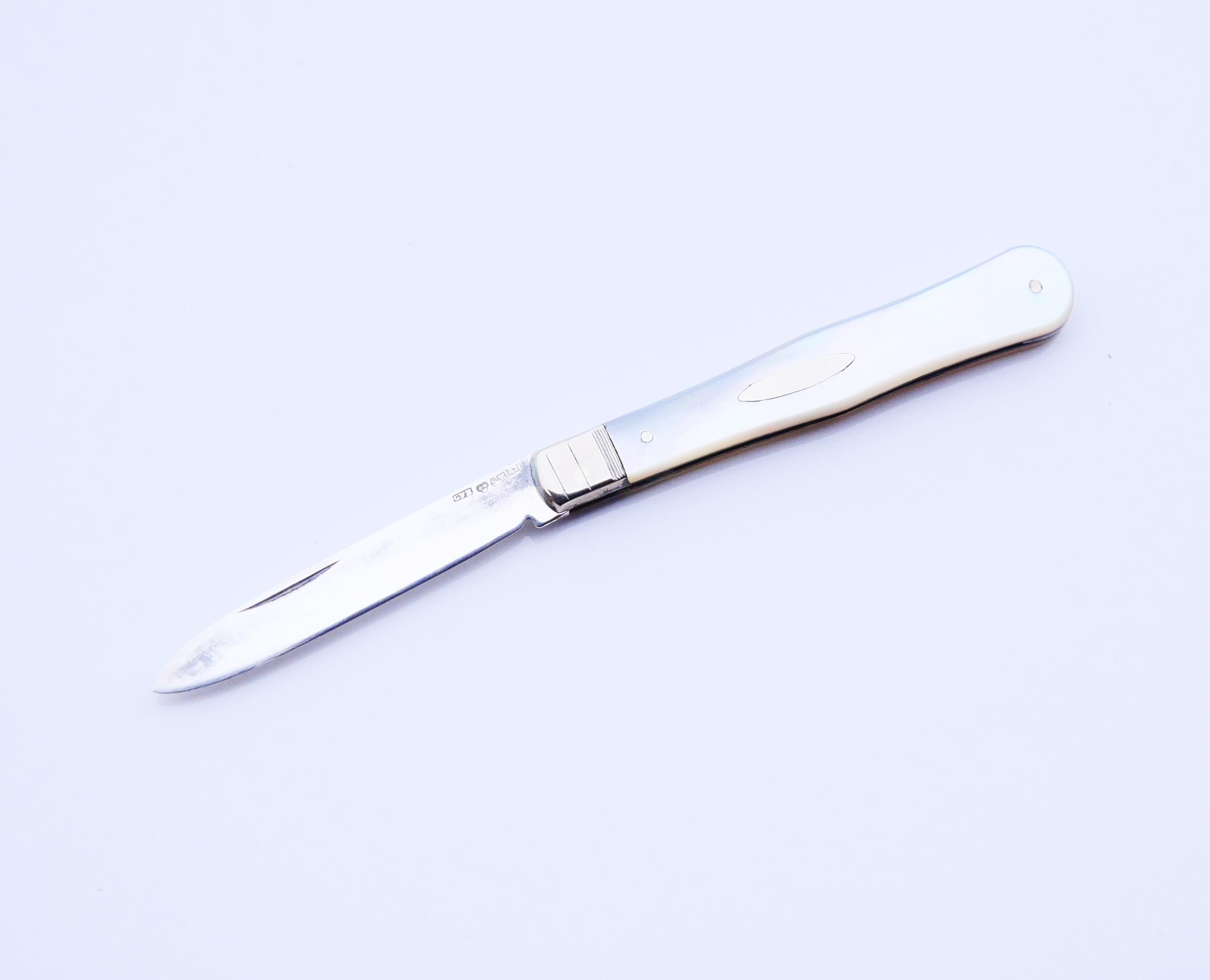 1919 Fruit Pocket Knife solid Sterling Silver Mother of Pearl / 17gr For Sale 7