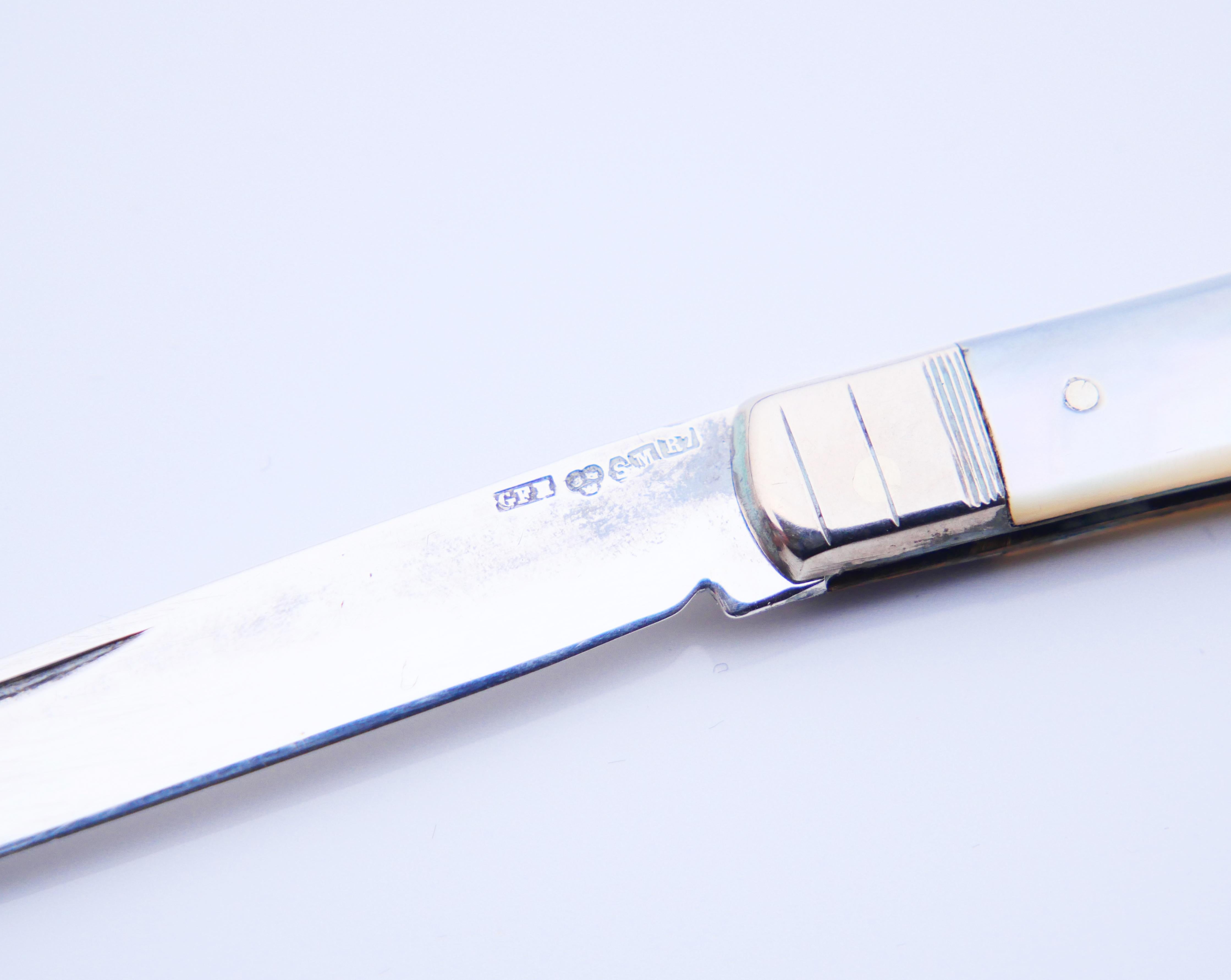 1919 Fruit Pocket Knife solid Sterling Silver Mother of Pearl / 17gr For Sale 8