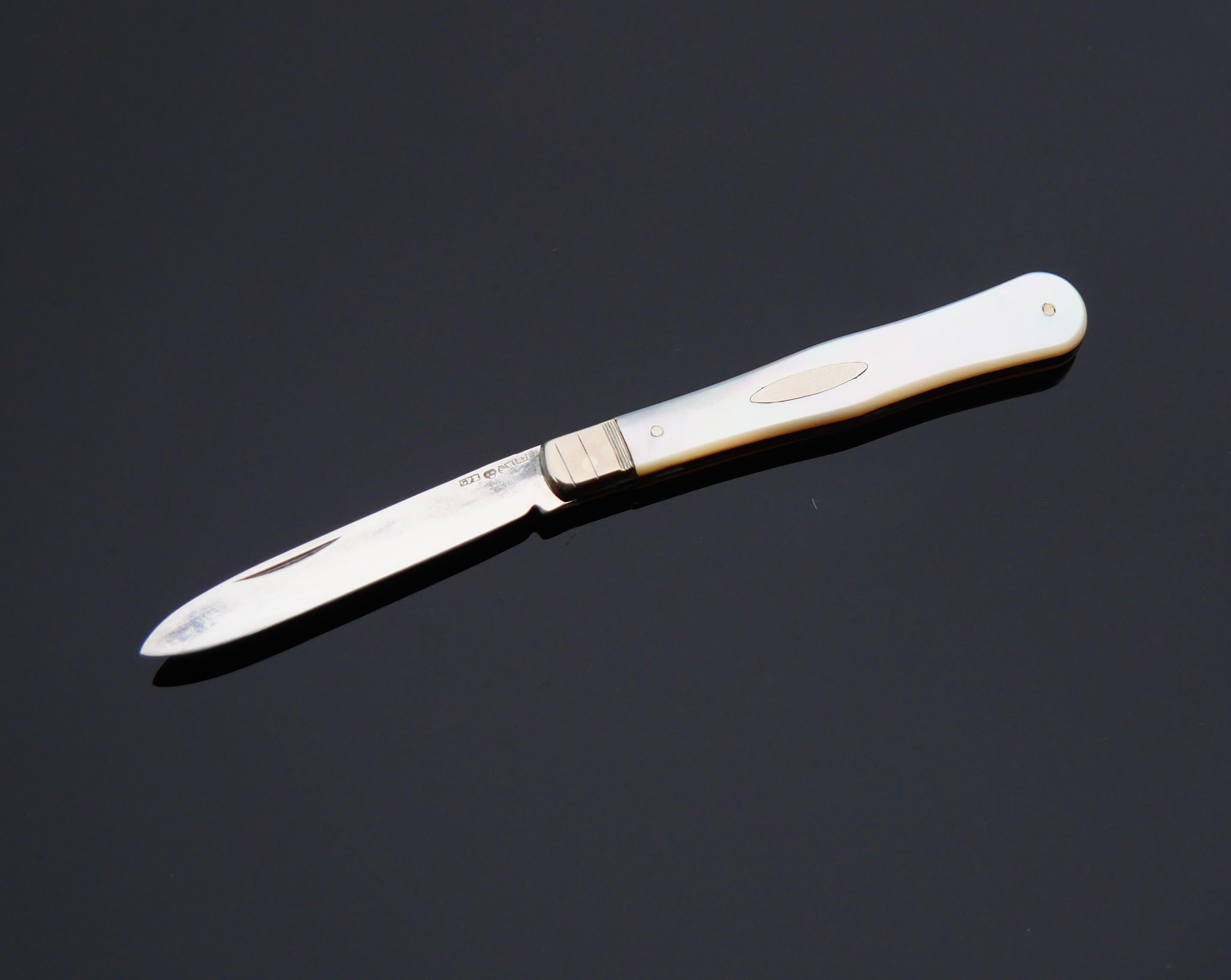 1919 Fruit Pocket Knife solid Sterling Silver Mother of Pearl / 17gr For Sale 2
