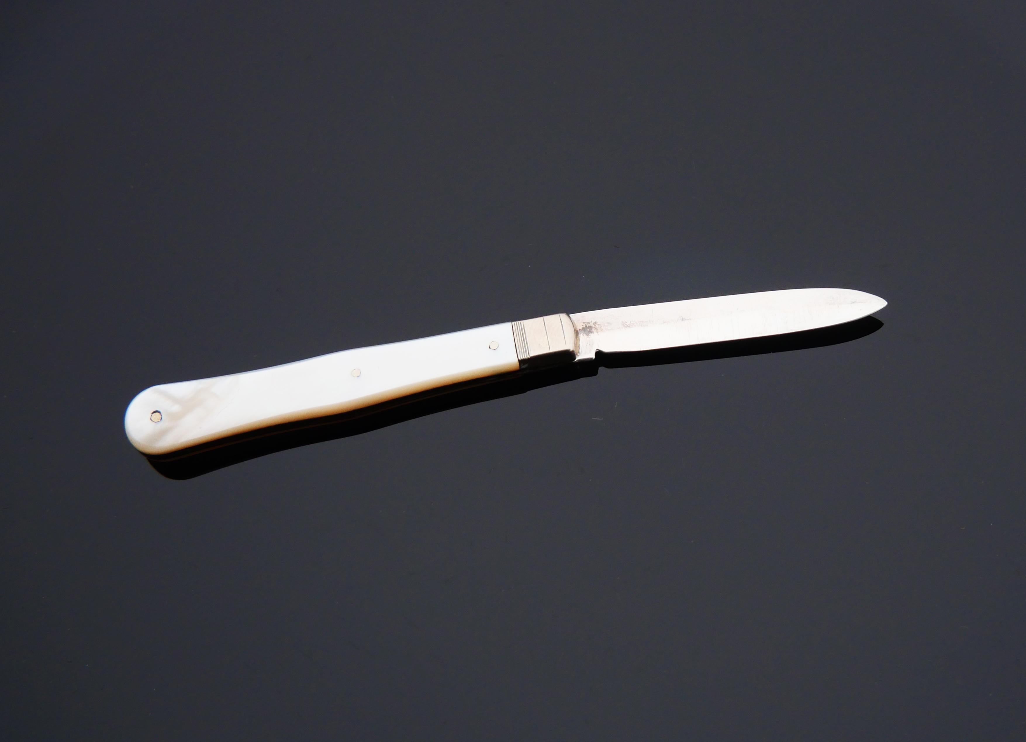 1919 Fruit Pocket Knife solid Sterling Silver Mother of Pearl / 17gr For Sale 3