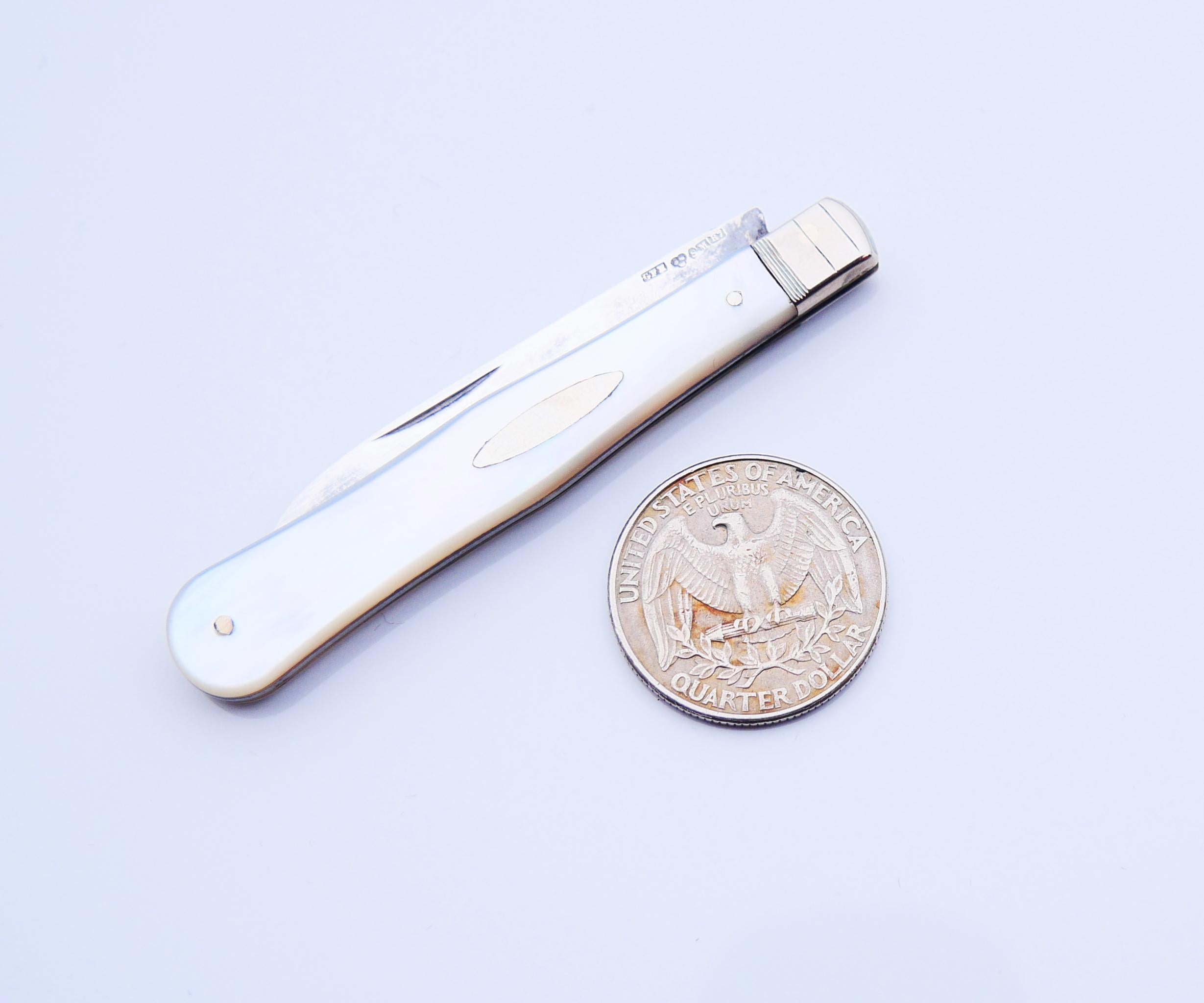 1919 Fruit Pocket Knife solid Sterling Silver Mother of Pearl / 17gr For Sale 4