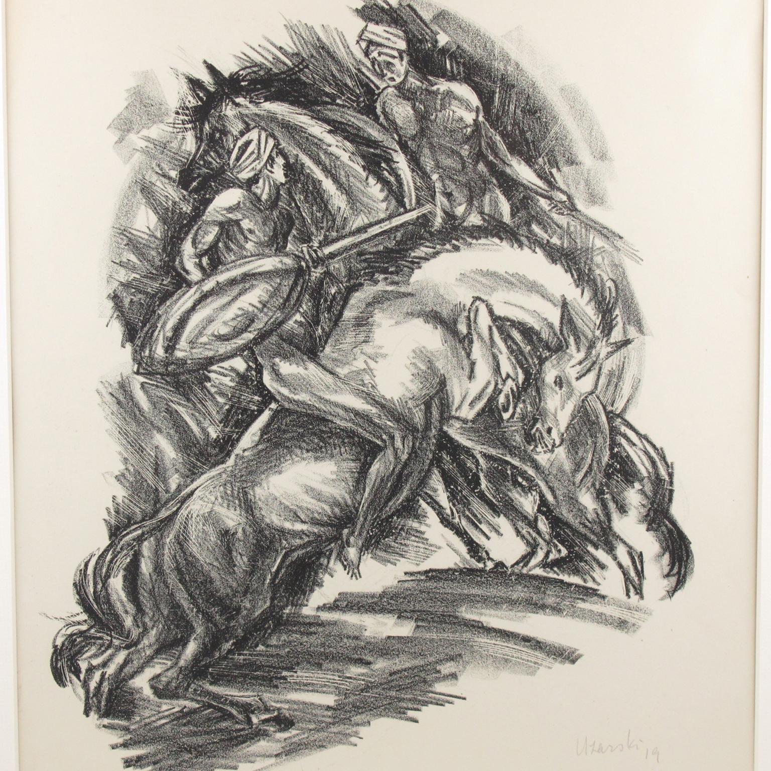 Stunning charcoal drawing lithograph on paper depicting two riders in a wild dance or fight, designed by Adolf Uzarski (1885-1970), a German artist. This drawing is from a set of lithographs made to illustrate scenes from the 14th century Tutinama,