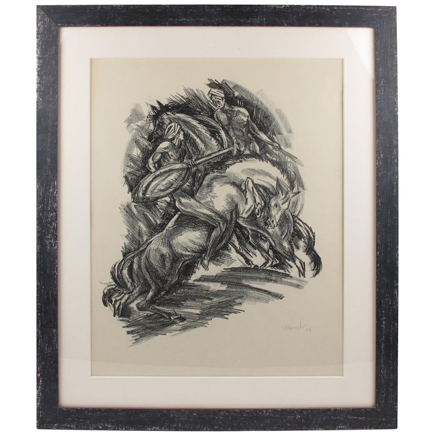 1919 German Adolf Uzarski Charcoal Drawing Lithograph, Tales of the Parrot