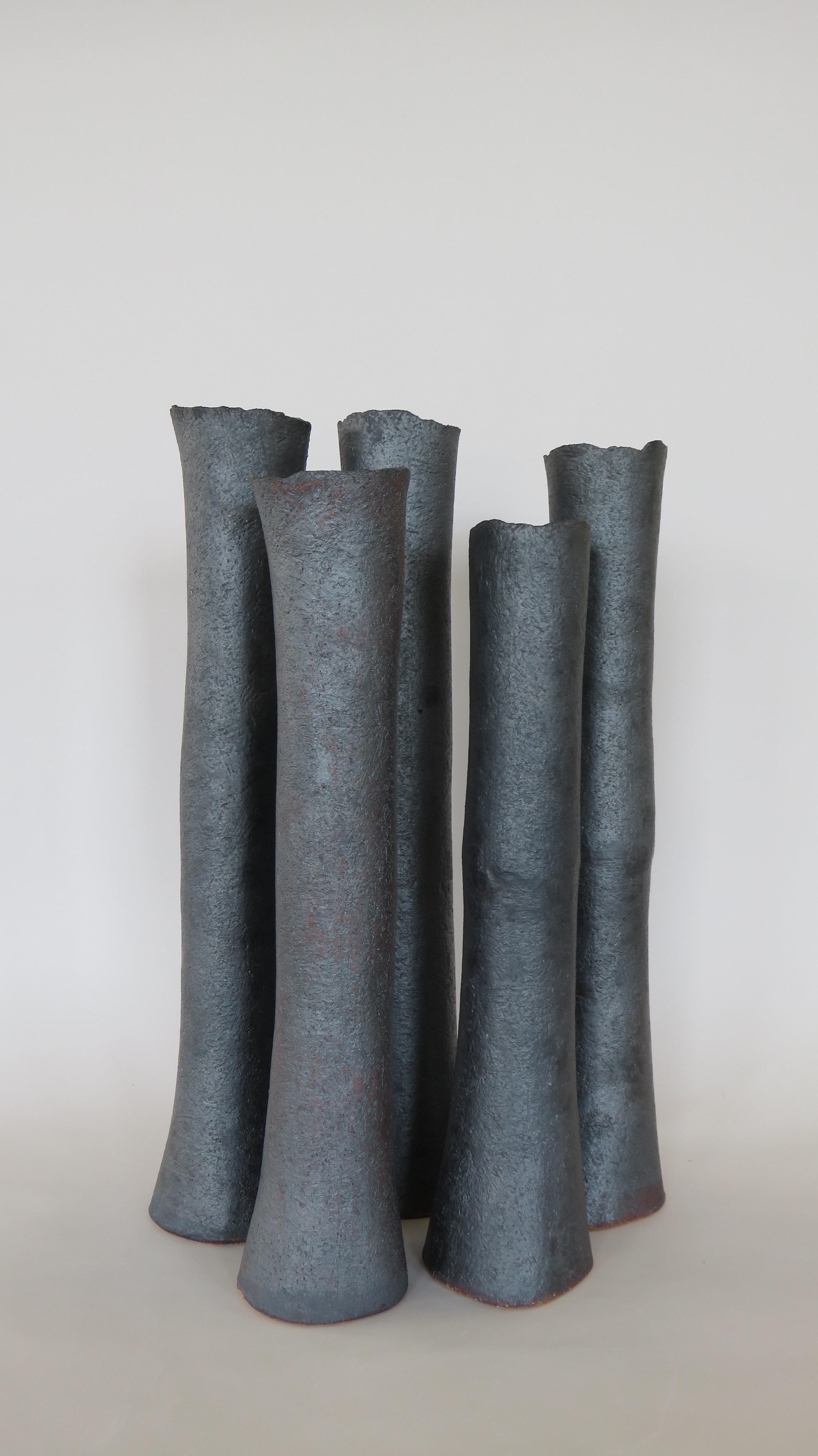 Tall, Tubular Metallic Black Ceramic Stoneware Vase, Hand Built 19 Inches Tall 4