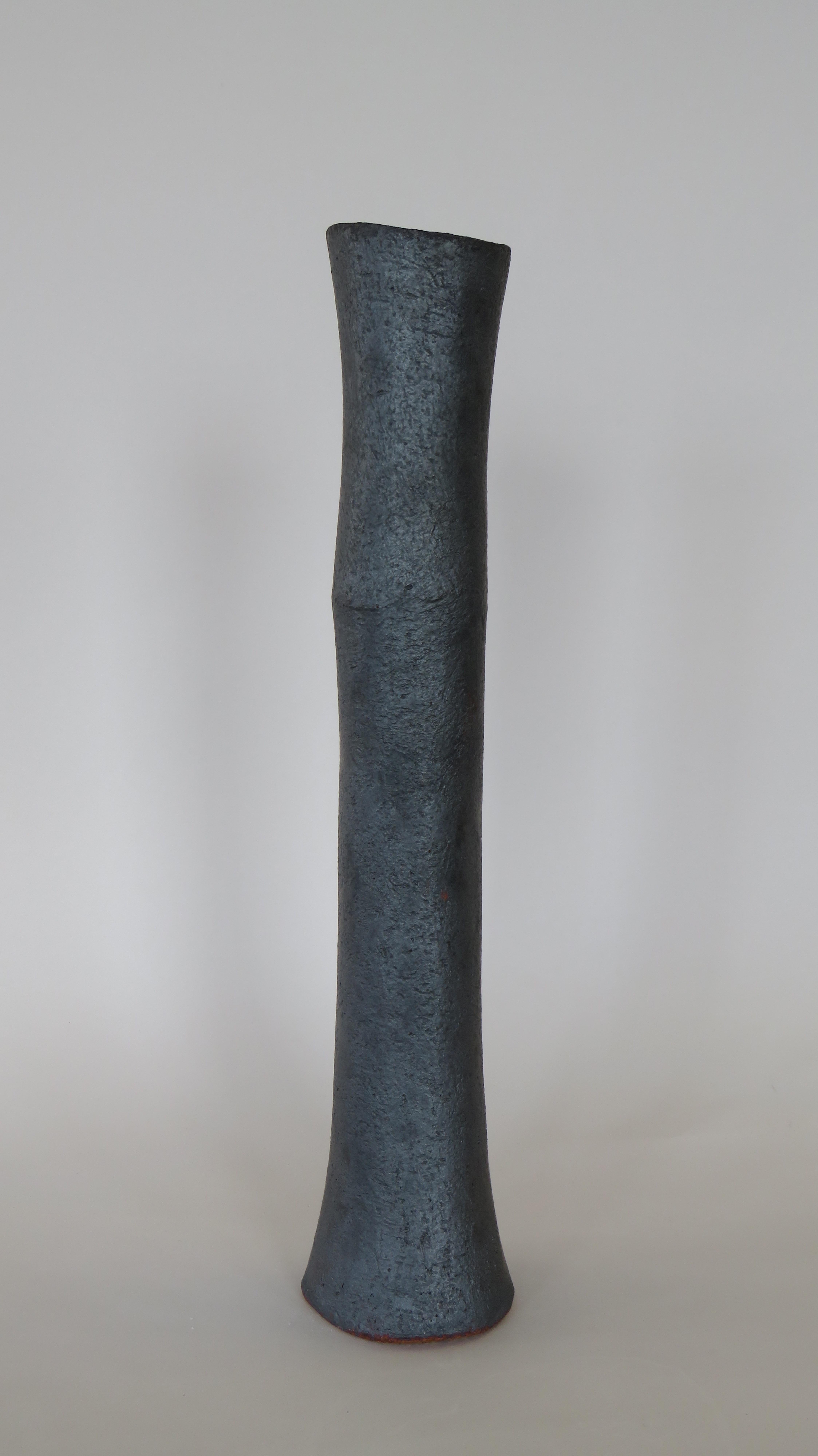 Hand-Crafted Tall, Tubular Metallic Black Ceramic Stoneware Vase, Hand Built 19 Inches Tall