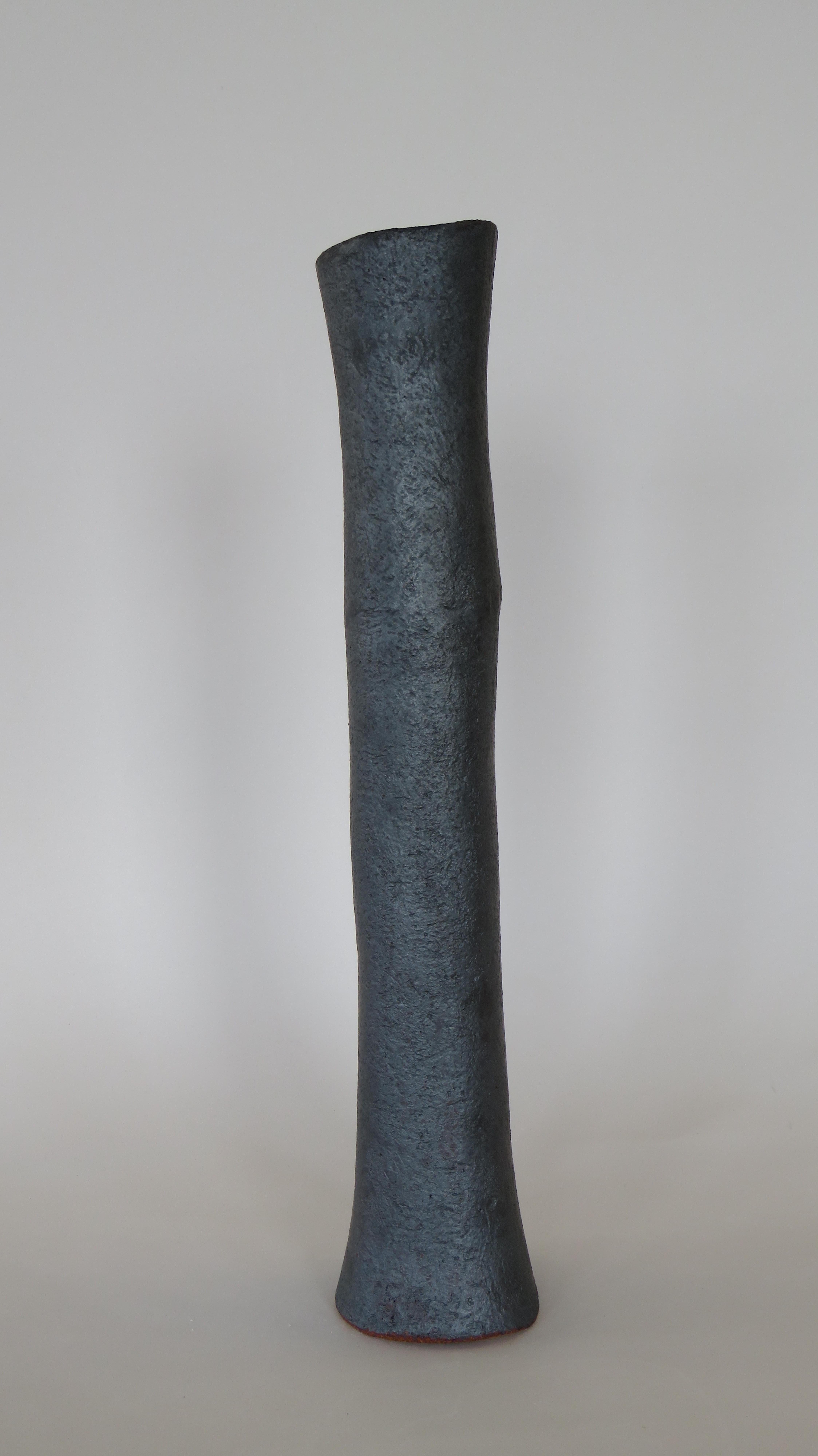 Organic Modern Tall, Tubular Metallic Black Ceramic Stoneware Vase, Hand Built 19 Inches Tall