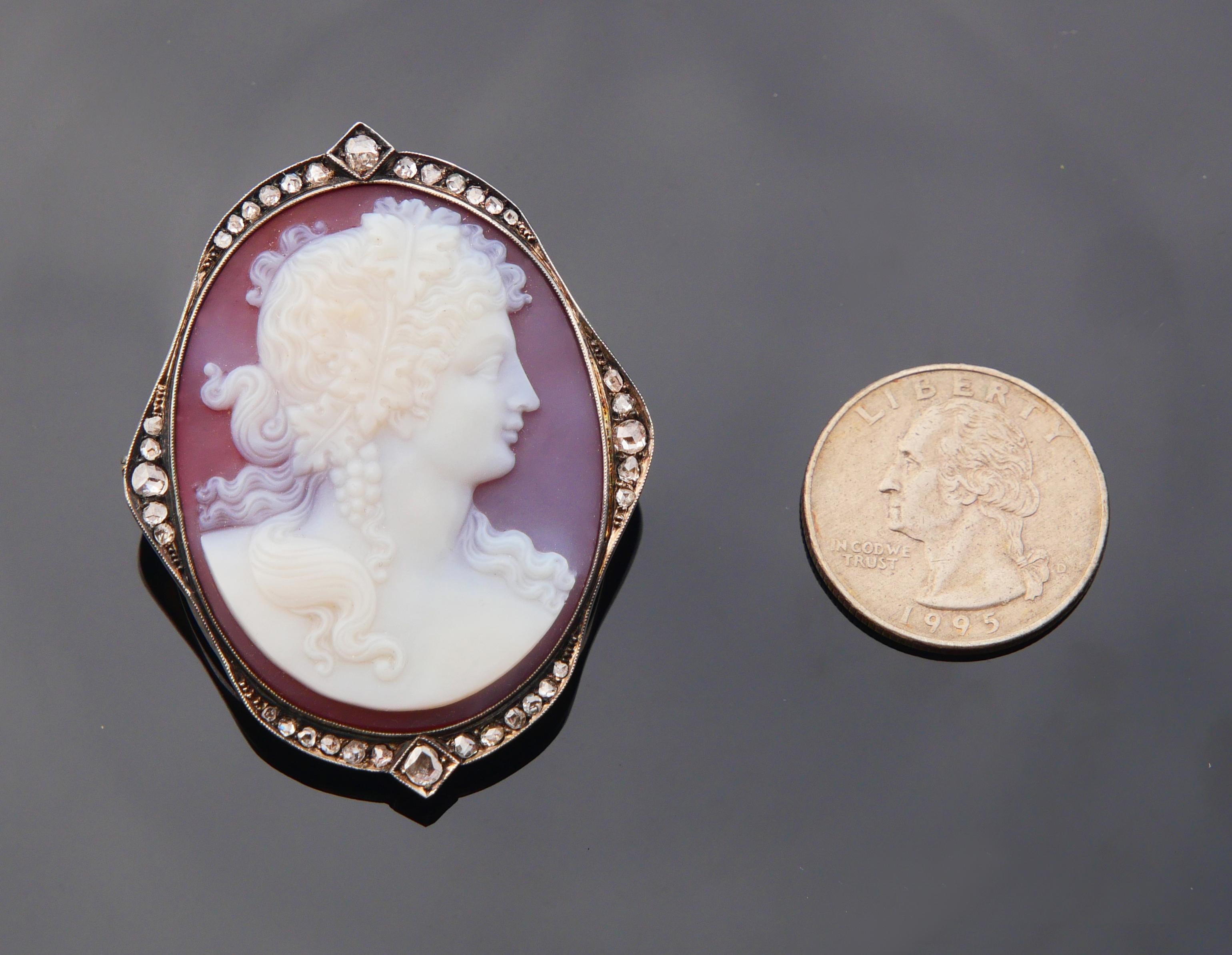 1919 Ciondolo Spilla Bacco Cameo Rosso Onice Diamanti Oro massiccio 18K Argento/ 26gr in vendita 12