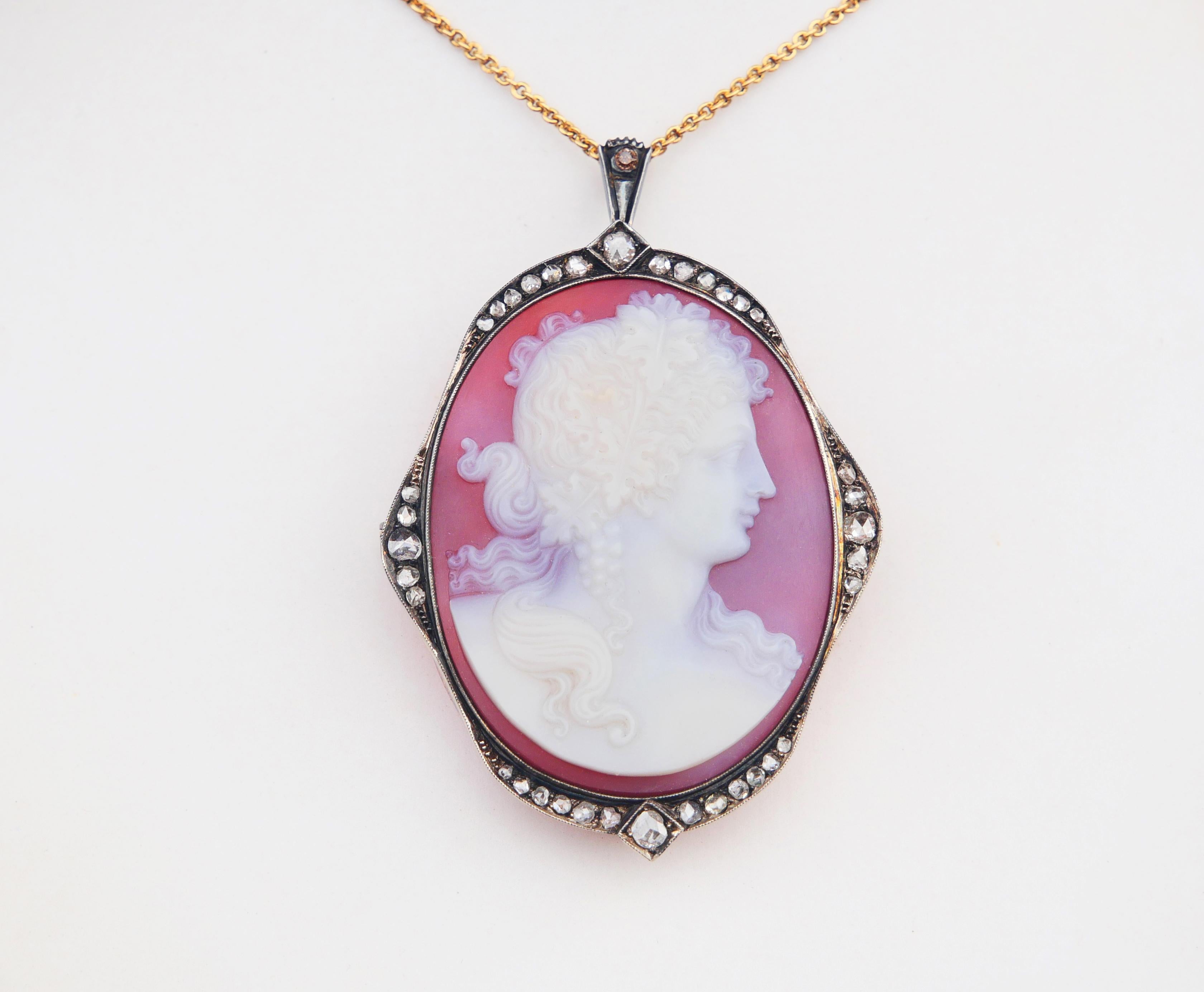Taglio a rosa 1919 Ciondolo Spilla Bacco Cameo Rosso Onice Diamanti Oro massiccio 18K Argento/ 26gr in vendita