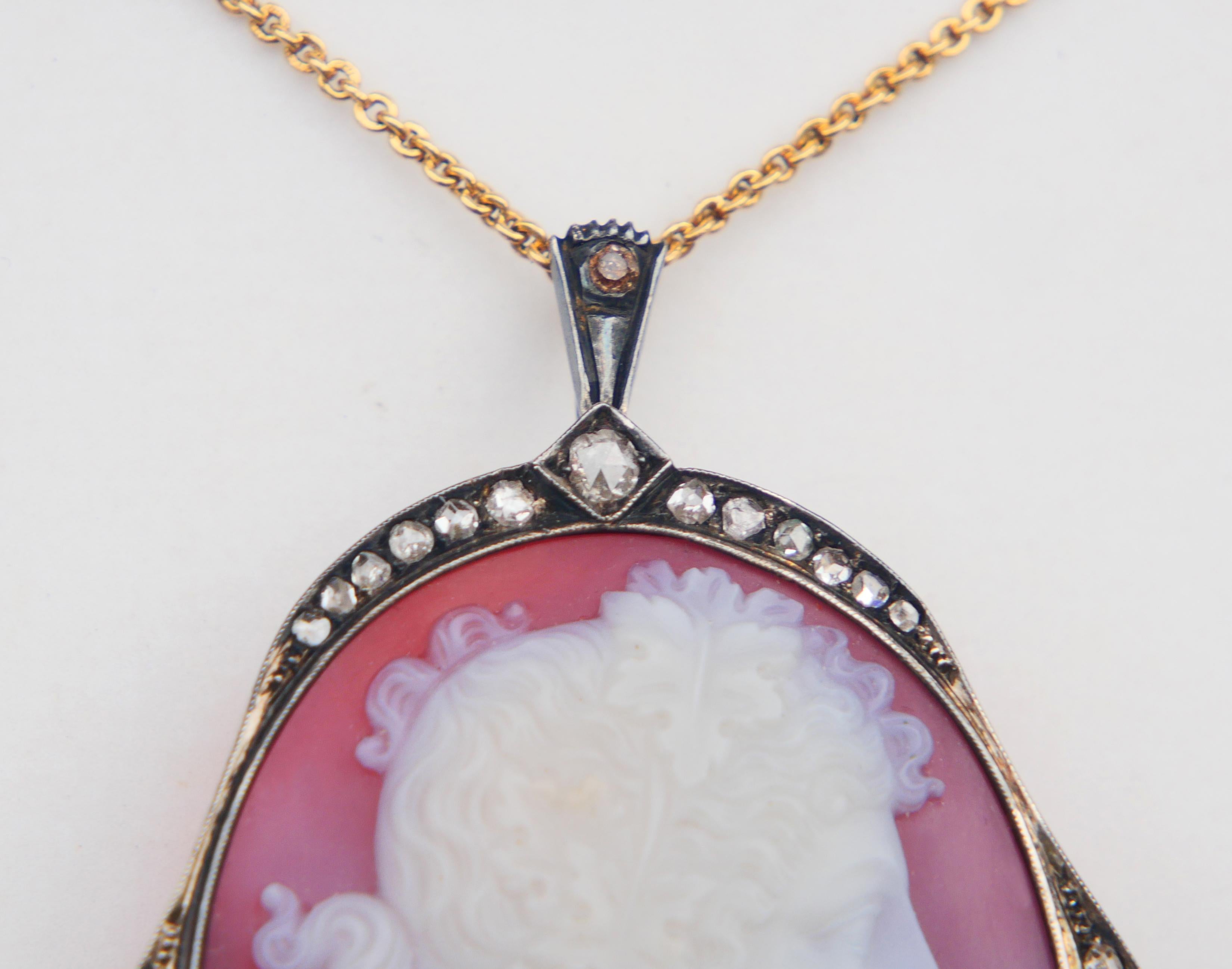da uomo o donna 1919 Ciondolo Spilla Bacco Cameo Rosso Onice Diamanti Oro massiccio 18K Argento/ 26gr in vendita