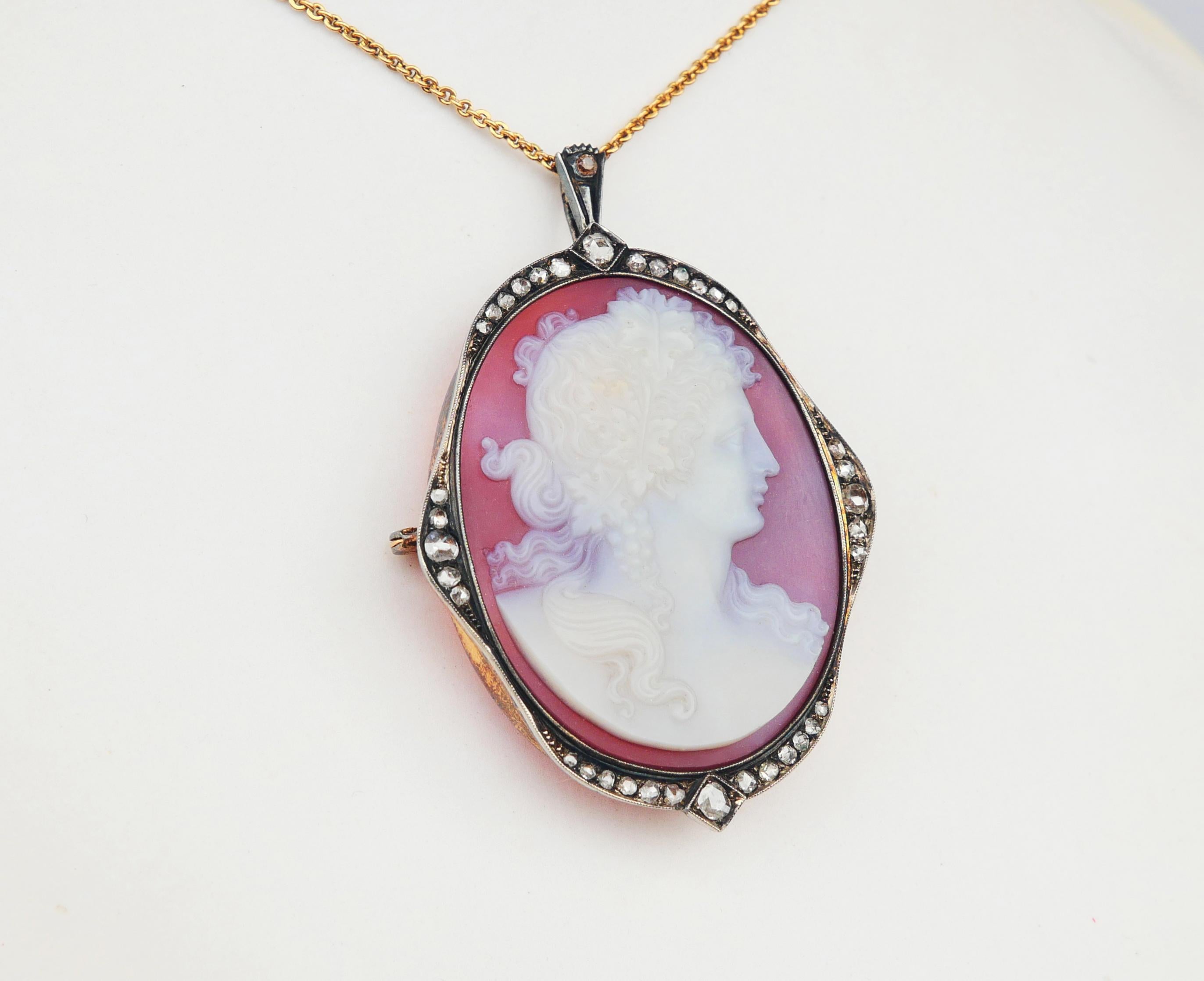1919 Ciondolo Spilla Bacco Cameo Rosso Onice Diamanti Oro massiccio 18K Argento/ 26gr in vendita 1