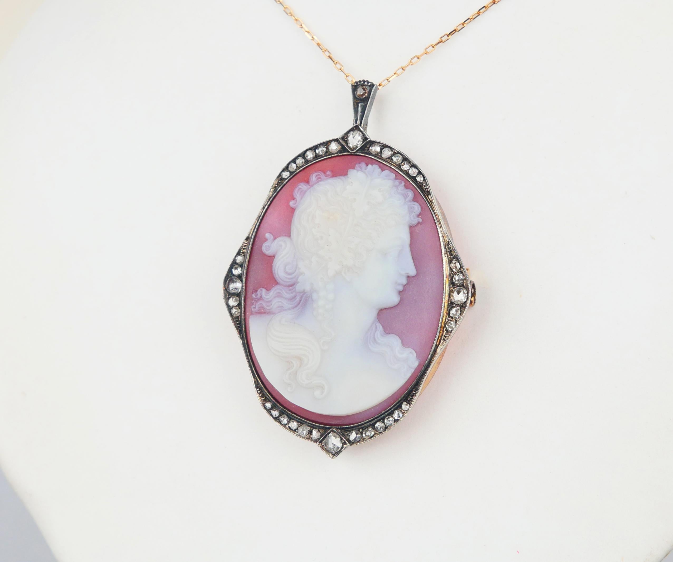 1919 Ciondolo Spilla Bacco Cameo Rosso Onice Diamanti Oro massiccio 18K Argento/ 26gr in vendita 3