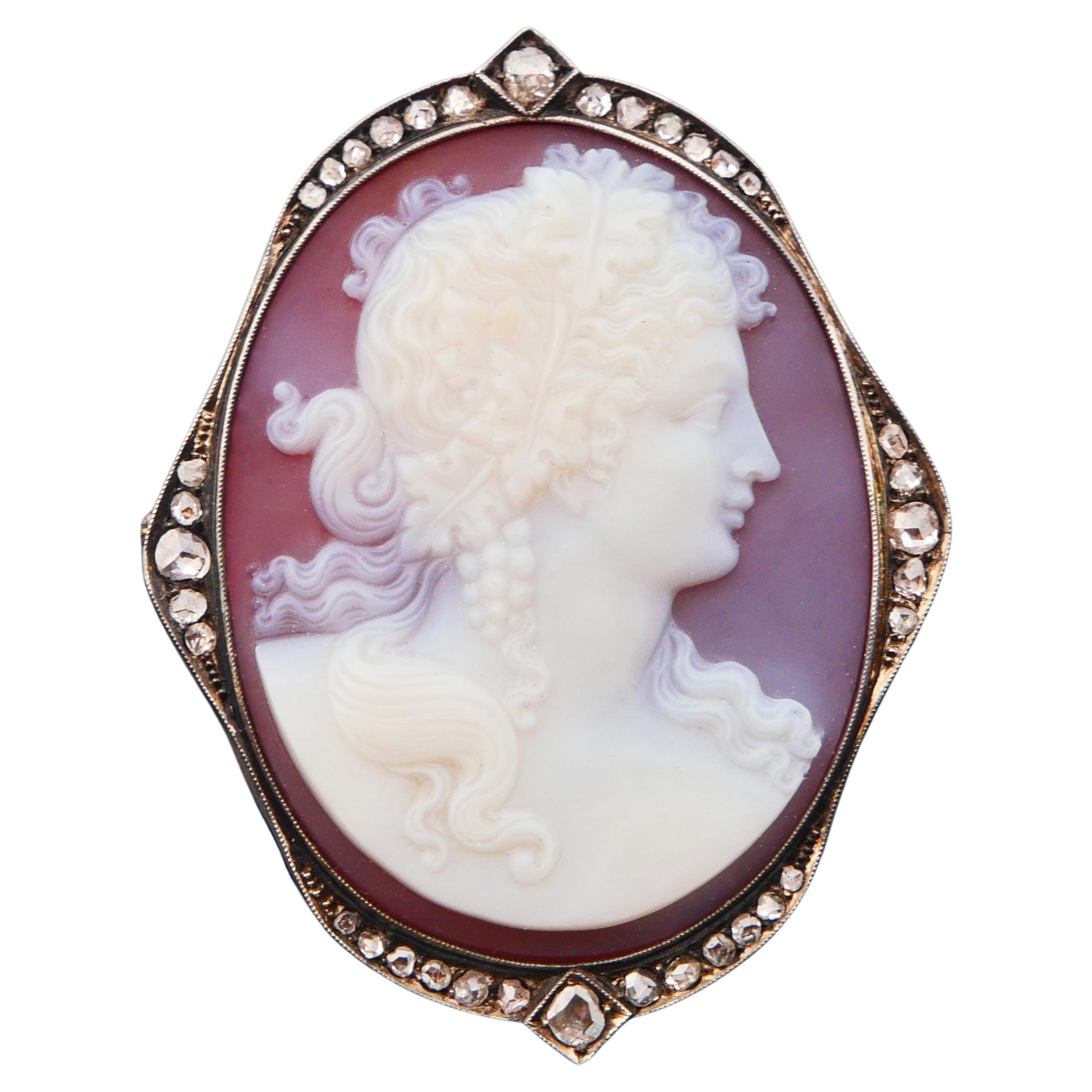 1919 Ciondolo Spilla Bacco Cameo Rosso Onice Diamanti Oro massiccio 18K Argento/ 26gr in vendita
