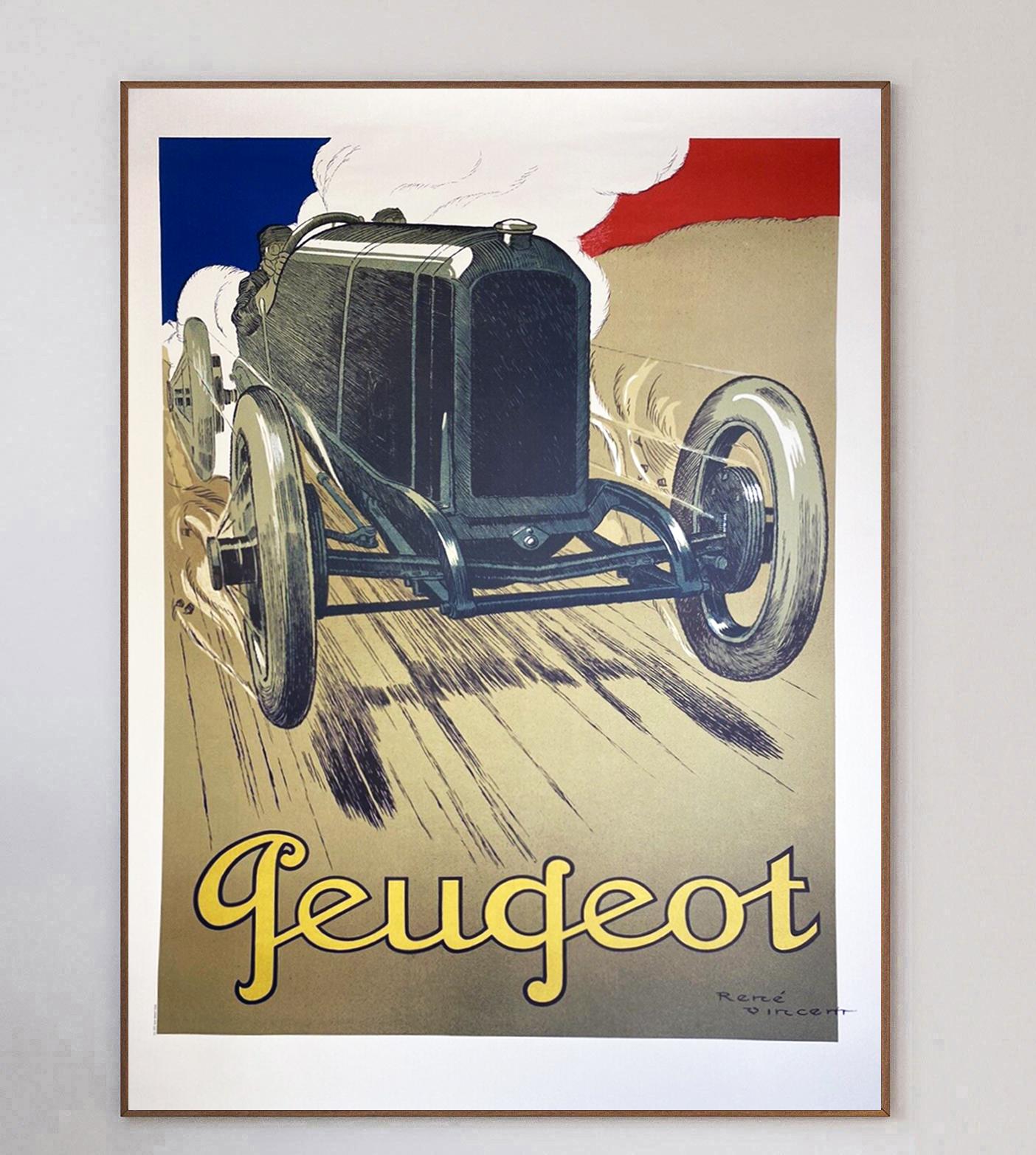 Beautiful lithograph poster originally designed in 1919. Designed by the great poster artist Rene Vincent, this poster promotes Peugeot cars and depicts an early 20th century model speeding down a road. The smoke from the car acts as the white in