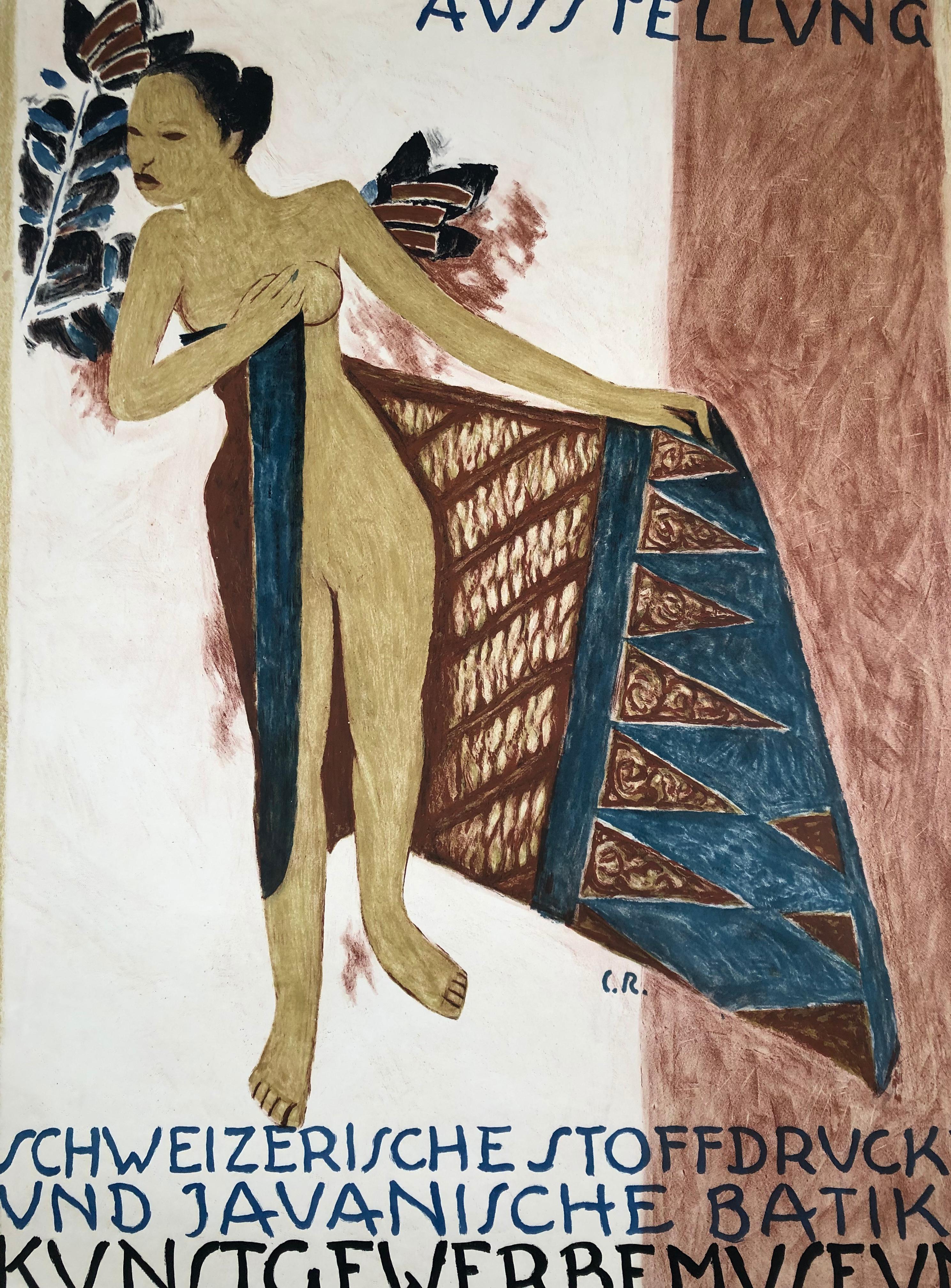 A rare original 1919 Swiss lithograph exhibition poster for Swiss and Javanese (Indonesian) batik textiles held at the Craft Museum of the City of Zurich, signed C.R., an artist whom we are researching. The poster depicts a beautifully rendered,