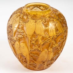 1919 Rene Lalique Perruches Vase Cased Butterscotch Glass with Sepia Patina