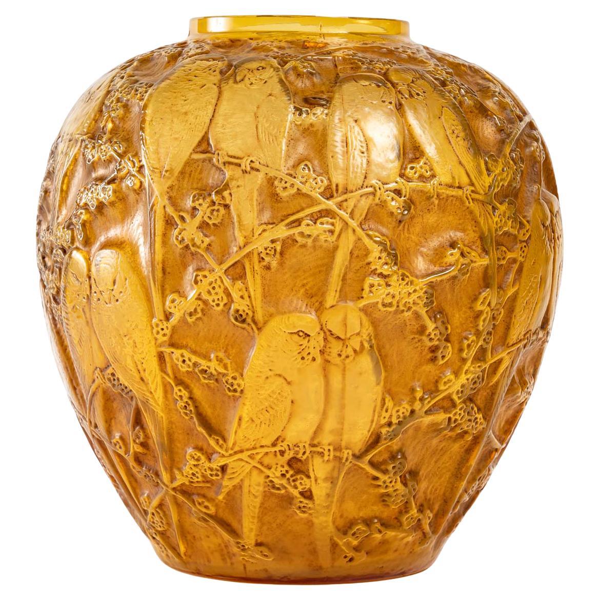 1919 Rene Lalique Perruches Vase Cased Butterscotch Glass with Sepia Patina